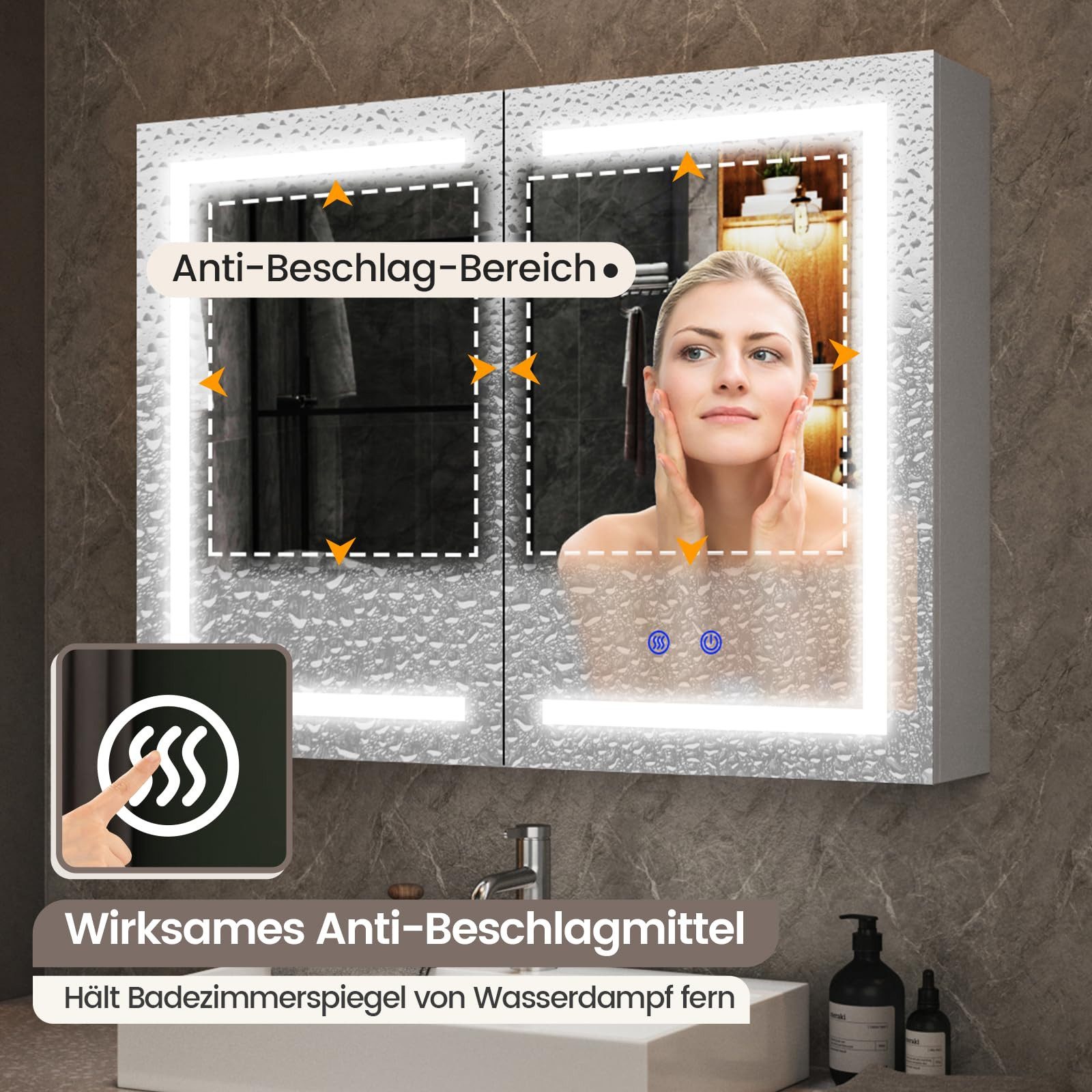 Luxstein Spiegelschrank Bad mit Beleuchtung und Steckdose, Verstellbares Regal, Entfogging-Funktion, Wandmontage – Bild 5 von 5