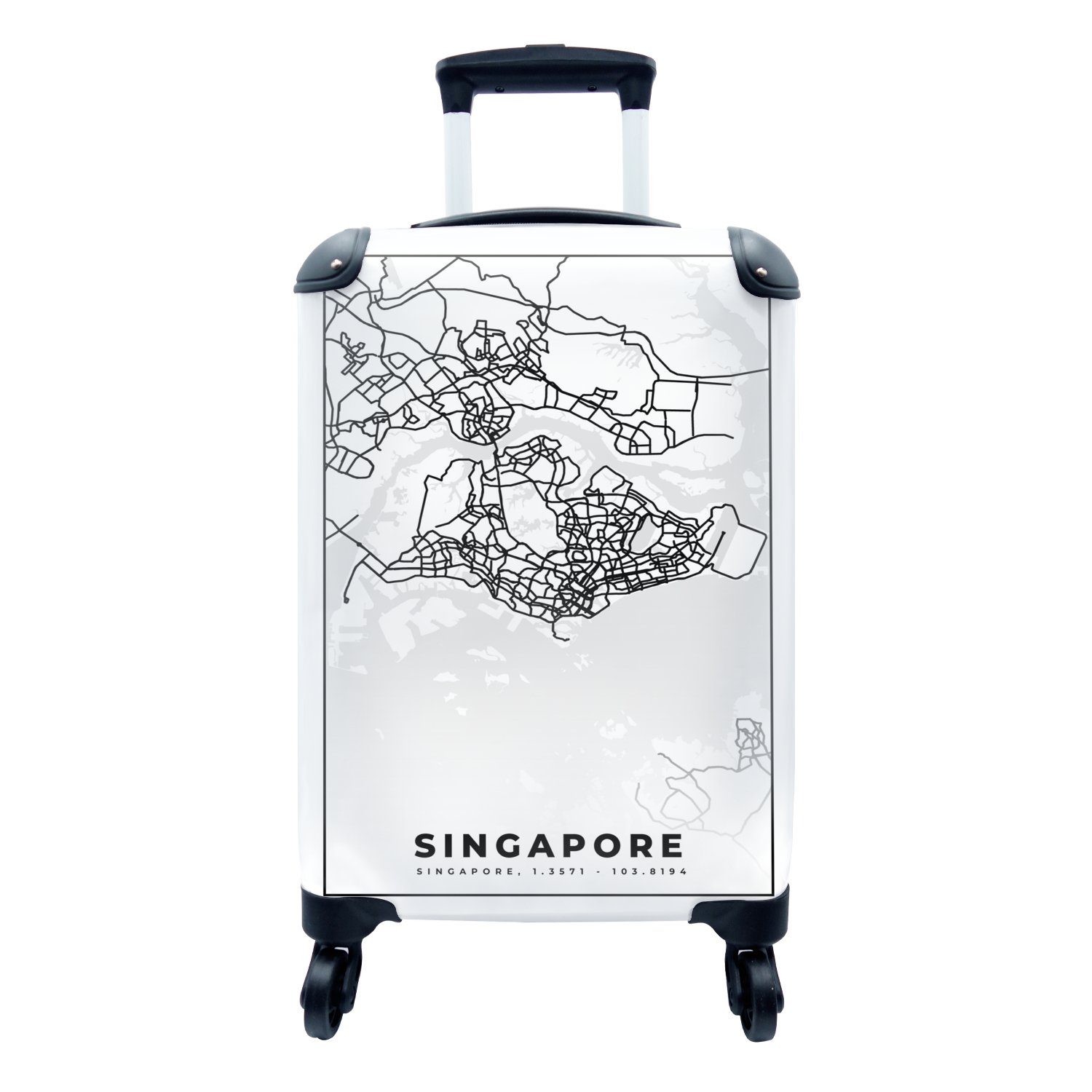 MuchoWow Handgepäckkoffer Singapur - Karte - Stadtplan - Schwarz und weiß, 4 Rollen, Reisetasche mit rollen, Handgepäck für Ferien, Trolley, Reisekoffer