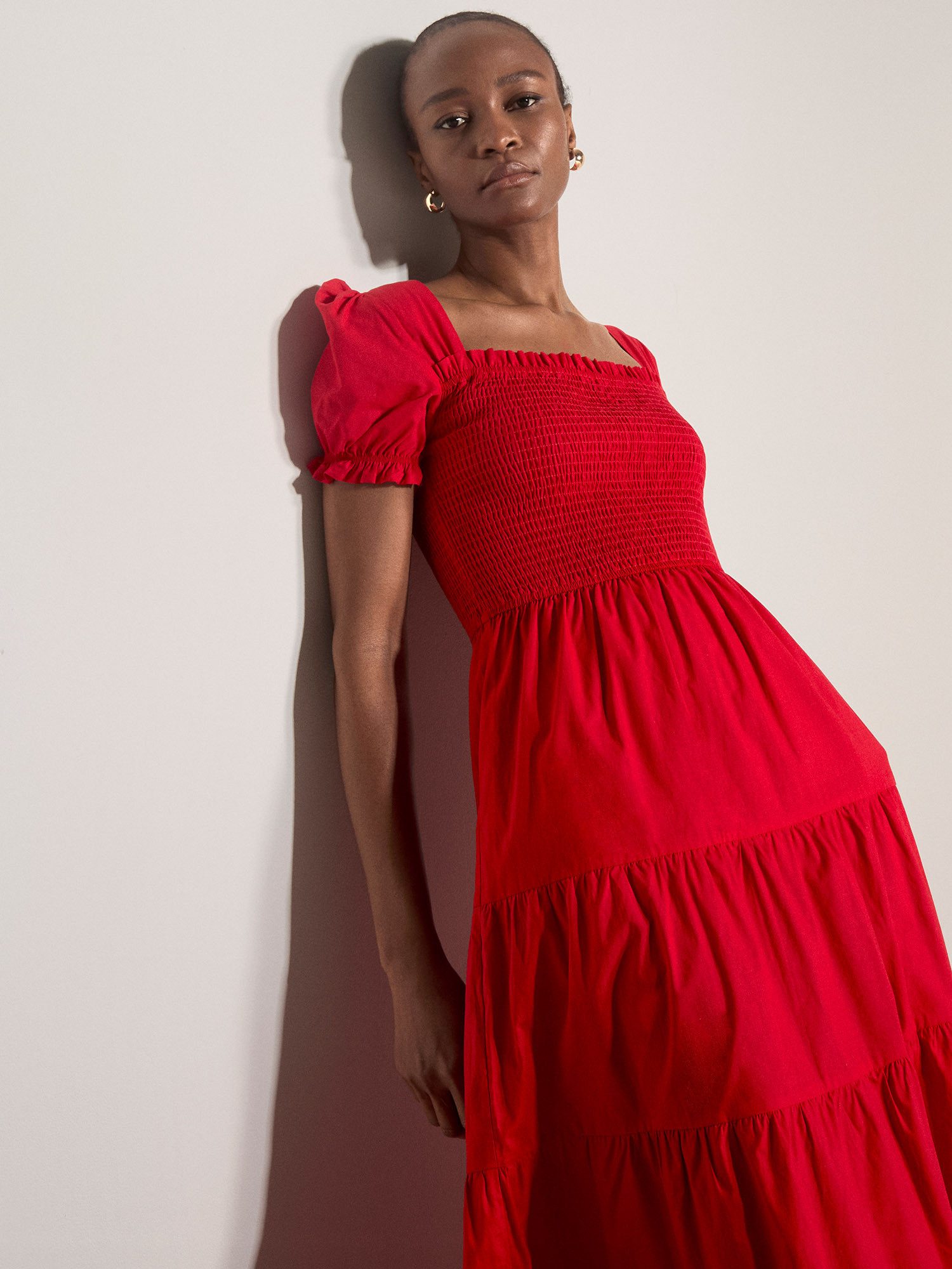 Apricot Druckkleid Midi-Kleid aus Baumwolle mit Stufenrock