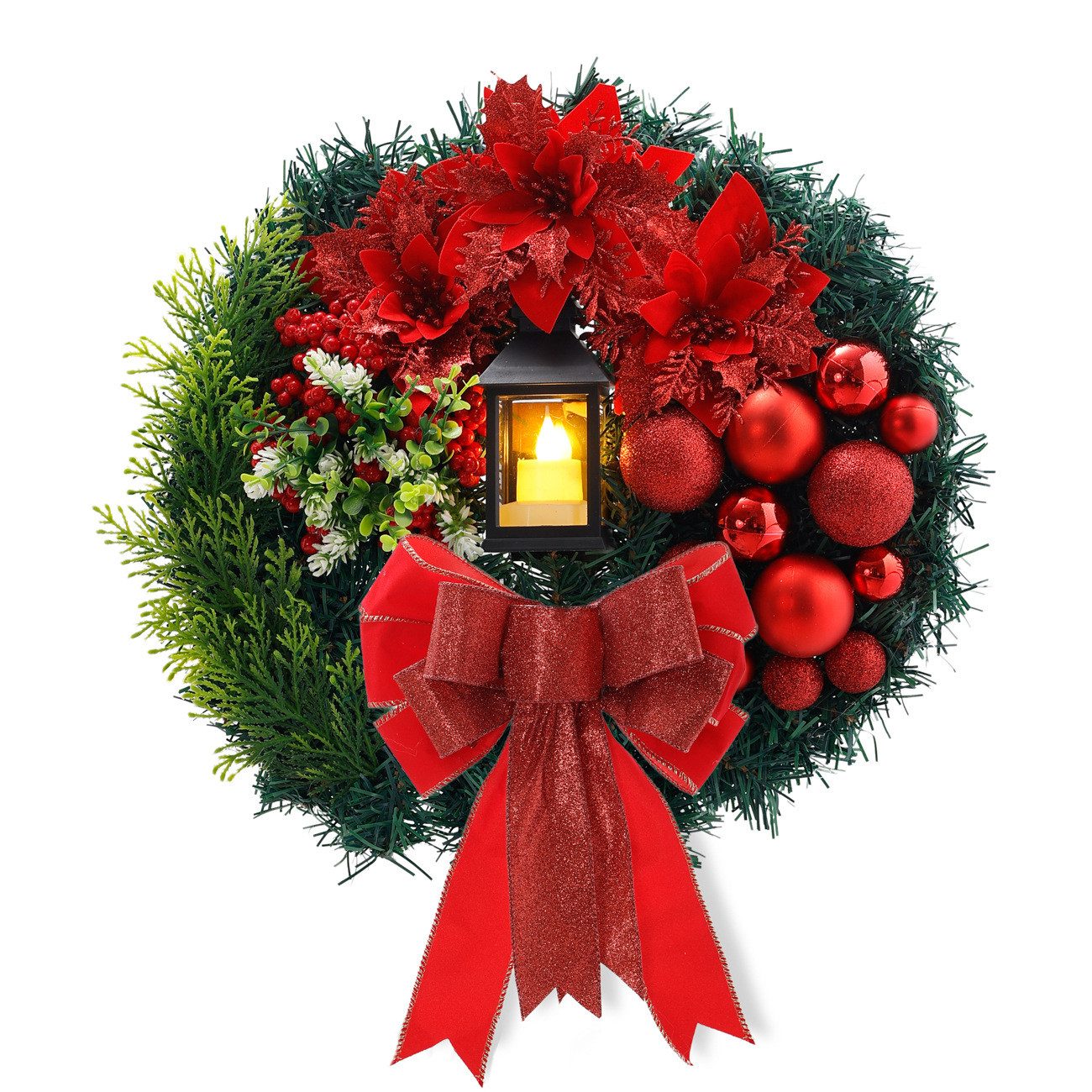 Coonoor Dekokranz LED Künstlicher Weihnachtskranz für Tür, 40cm Türkranz Weihnachten, Adventskranz mit Kerzenlaterne
