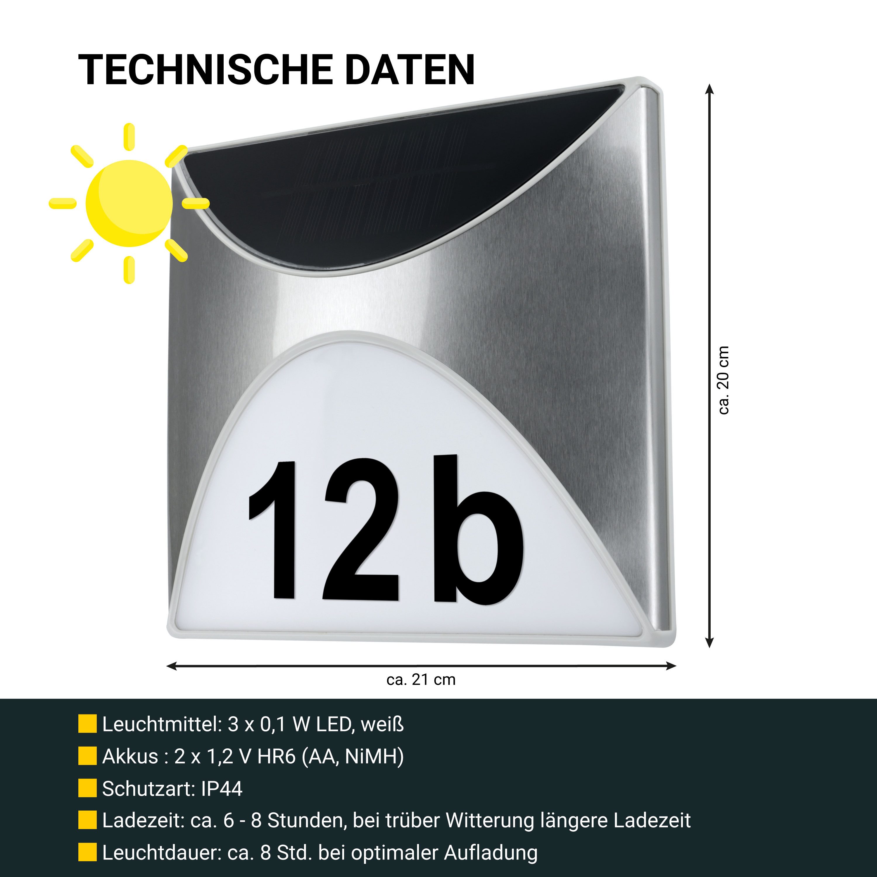 MeLiTec LED Außen-Wandleuchte Solar Hausnummer SH04, LED wechselbar, Tageslichtweiß, bis zu 8 Stunden Leuchtdauer, kein Stromanschluss erforderlich