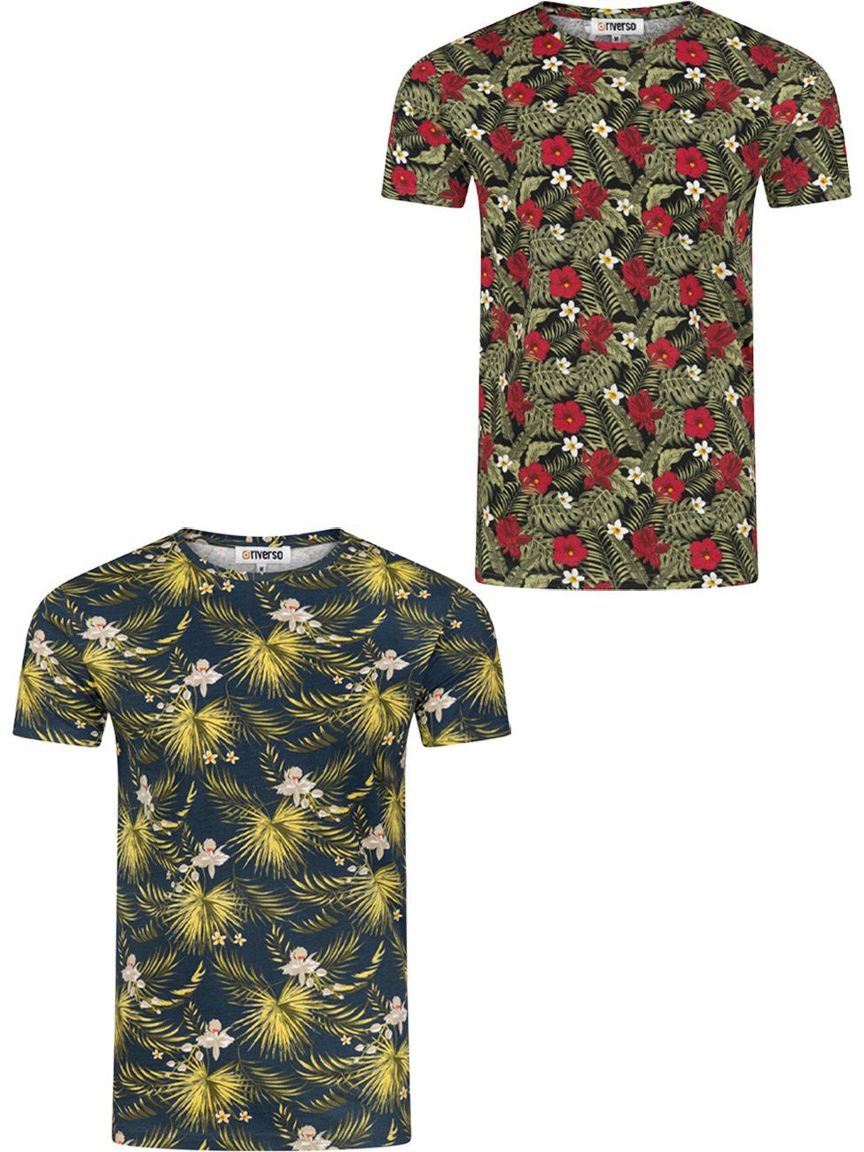 riverso T-Shirt Herren Printshirt RIVBill Regular Fit (2-tlg) Kurzarm Hawaiishirt mit Rundhalsausschnitt aus 100% Baumwolle Farbmix 4