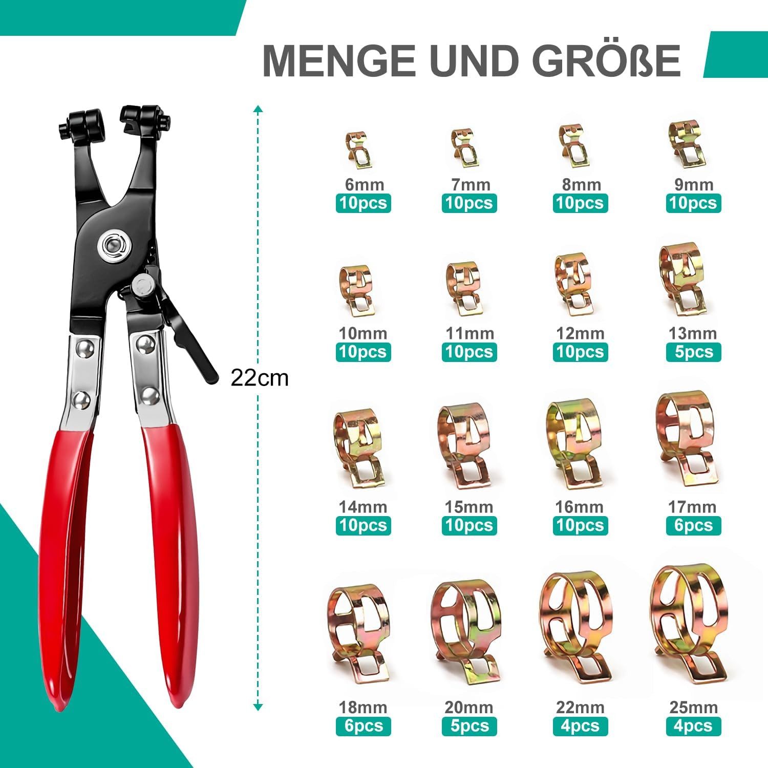 AFKSMILE Schlauchschelle 130 Stück Einohr-Schlauchschellen Edelstahl mit Schlauchklemmzange, (130-St), (6–25 mm)Federbandschellen Klemmen für Kraftstoffleitung  – Bild 4 von 5