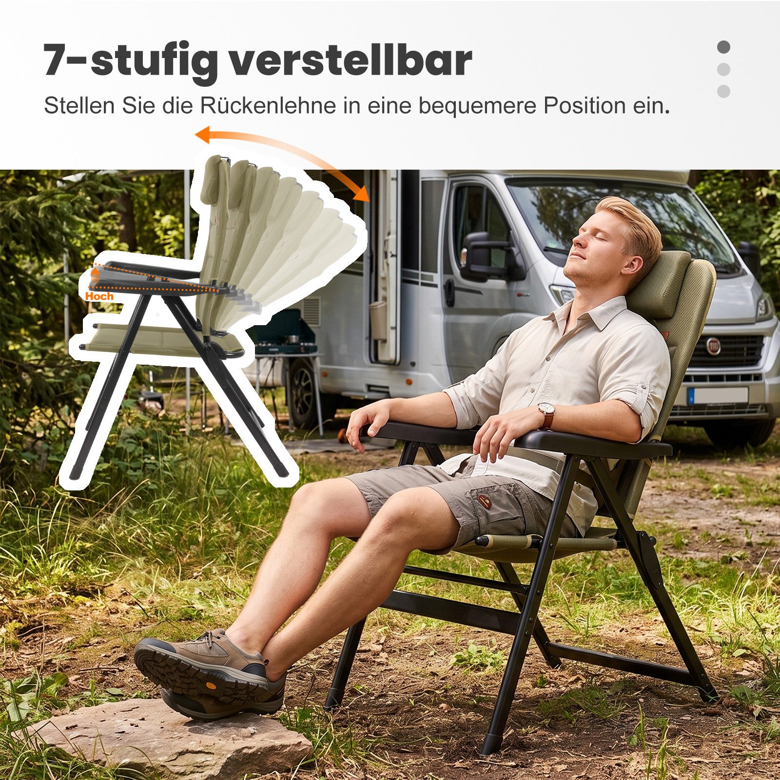 HOMECALL Klappstuhl Hochlehner Campingstuhl Gartenstuhl Gepolstert Faltstuhl Balkonstuhl (150 KG Belastbar Erstellbare Kopfstutze Anglerstuhl,Groß und Hoch, 2 S – Bild 5 von 5