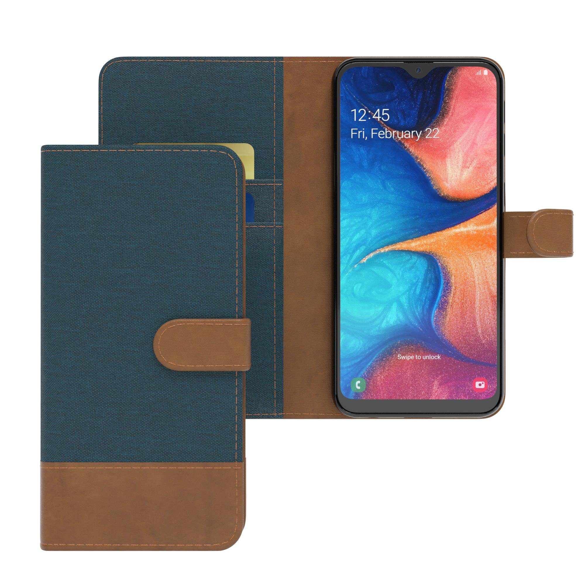 EAZY CASE Handyhülle Bookstyle Jeans für Samsung Galaxy A20e 5,8 Zoll, Klappcase mit Standfunktion und Kartenfach Stoff Schutzhülle Blau