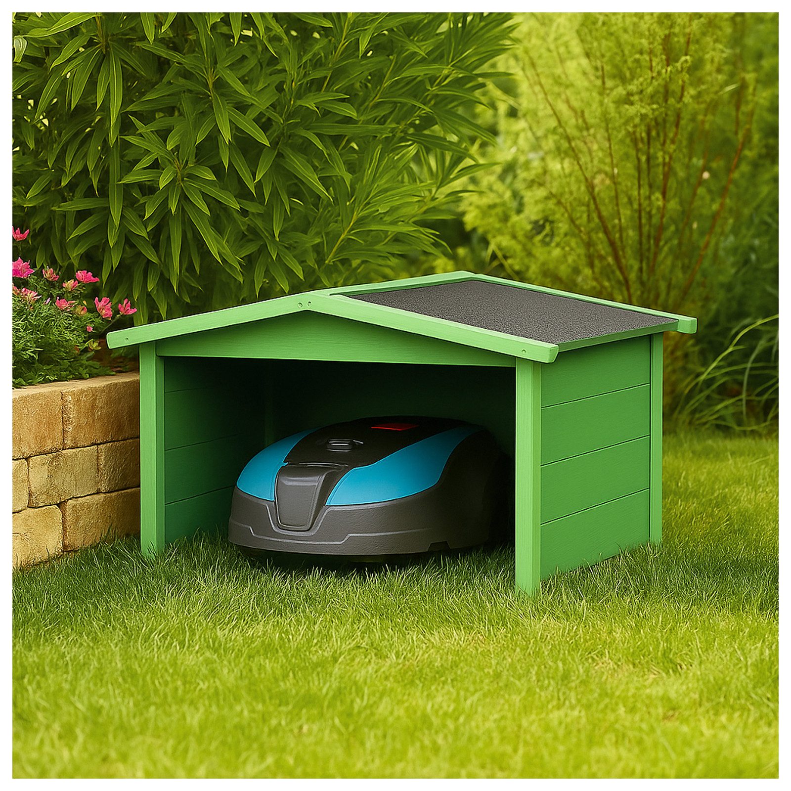 HTI-Living Mähroboter-Garage Garage für Mähroboter Robustes Holzhaus mit Wetterschutz Grün, BxTxH: 87x80x50 cm, für Mähroboter, (Stück, 1-St., 1 Rasenmähergarage)