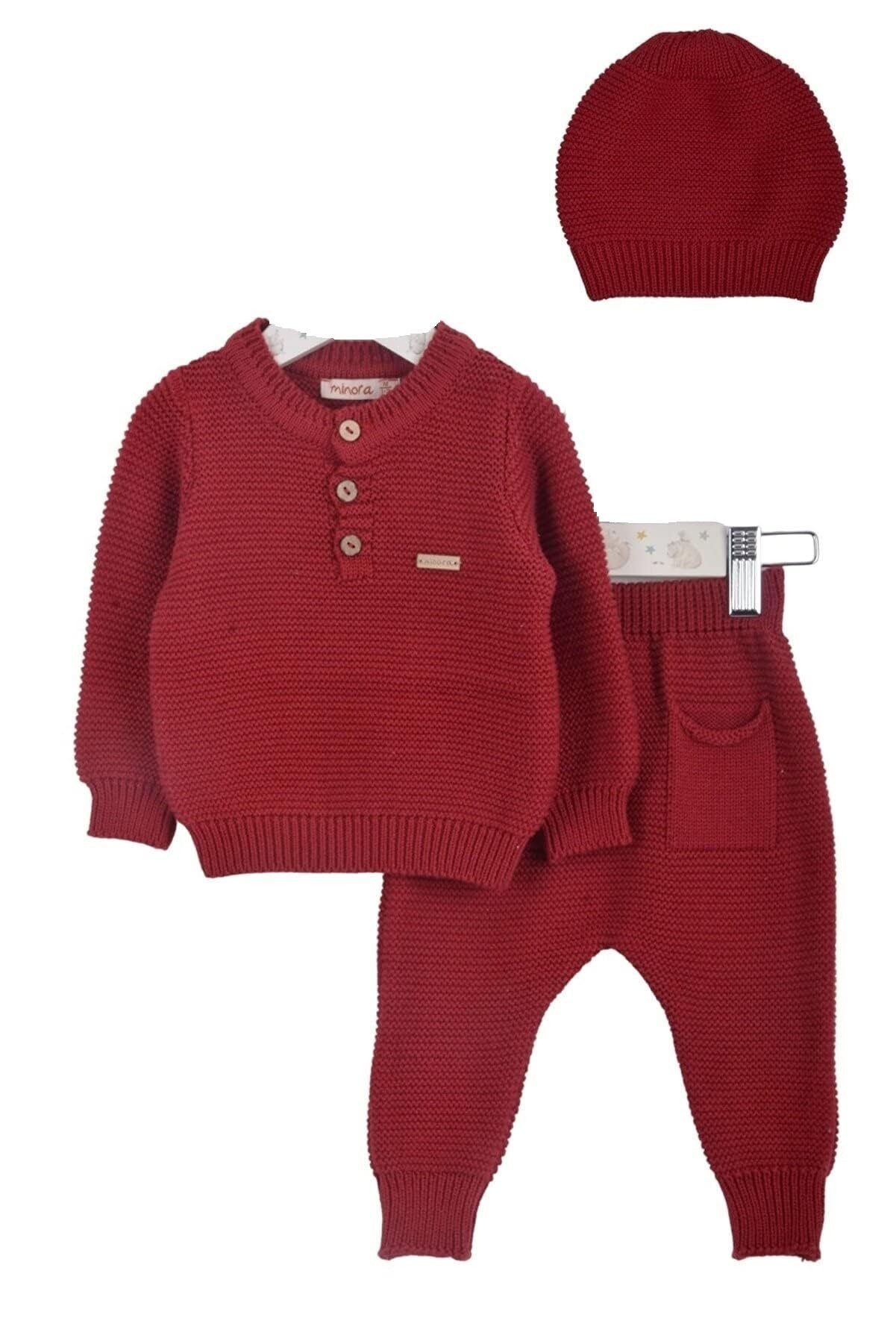 Strickkleid Minora Baby Kleidungs Set- Hose, Pullover und Mütze