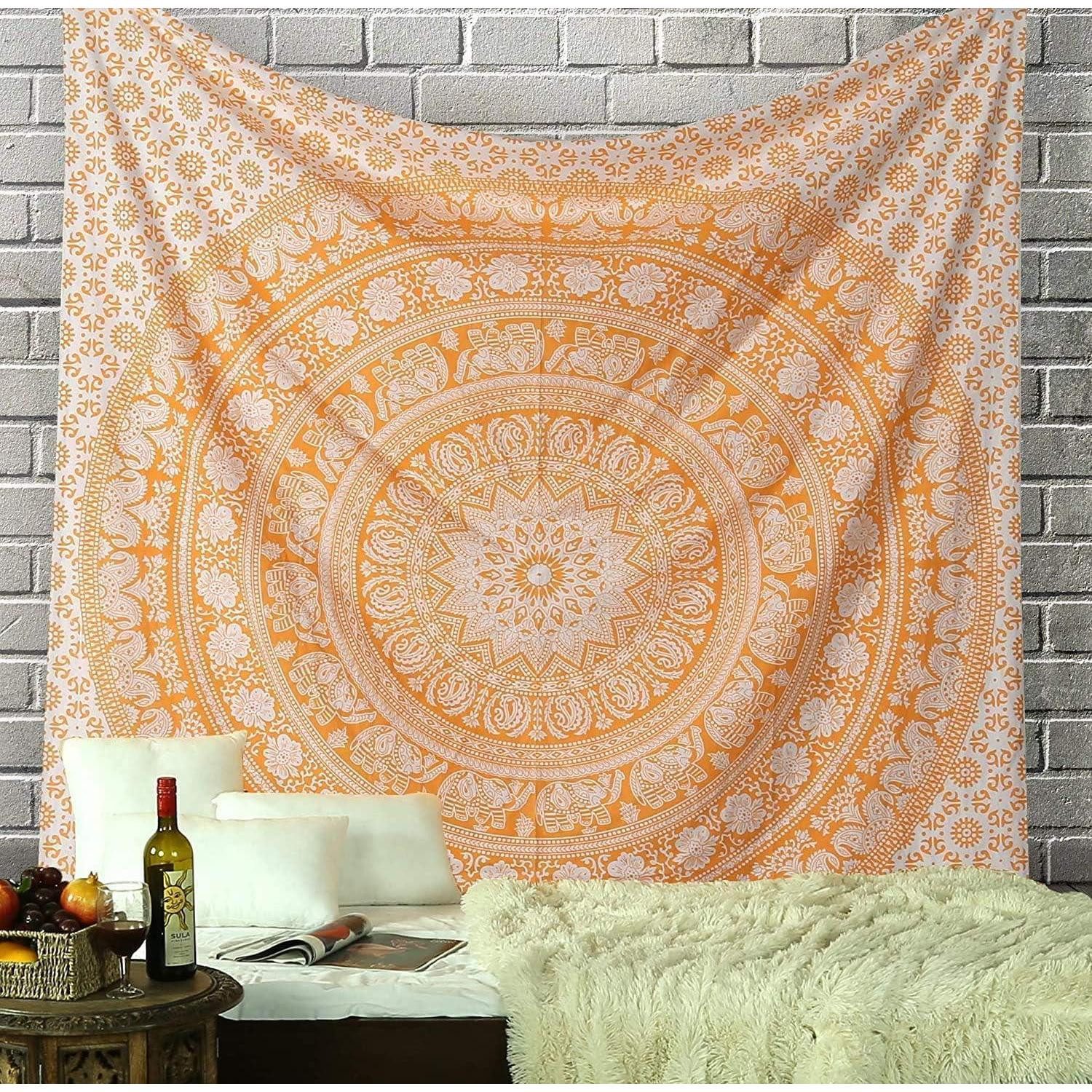 LuxusKollektion Wandteppich Wandteppich Mandala Elefant Strandtuch Buff Orange 228L x 274B cm