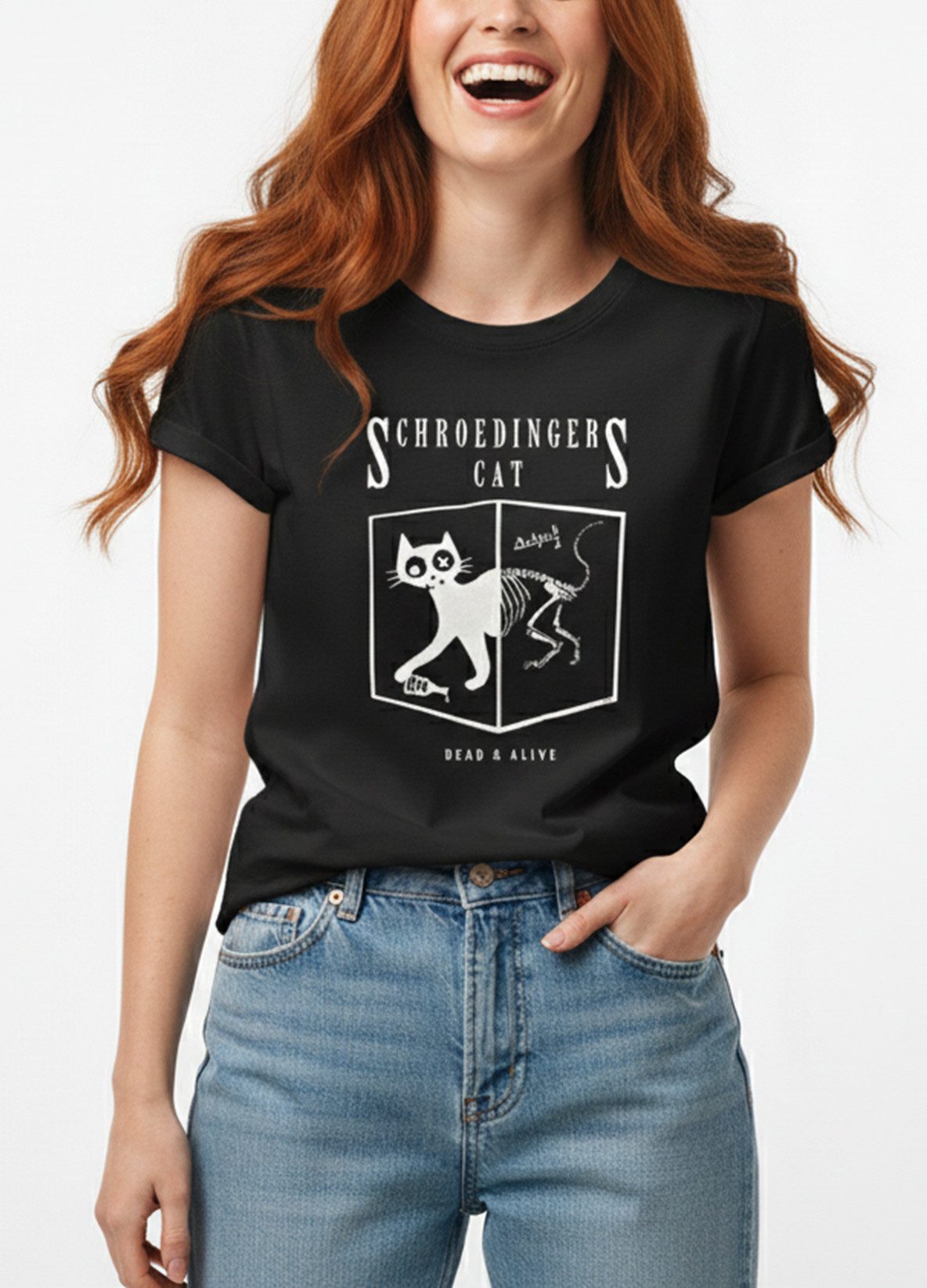 MAKAYA T-Shirt Damen Schrödingers Katze Cat Shirt Print Aufdruck Frauen Top