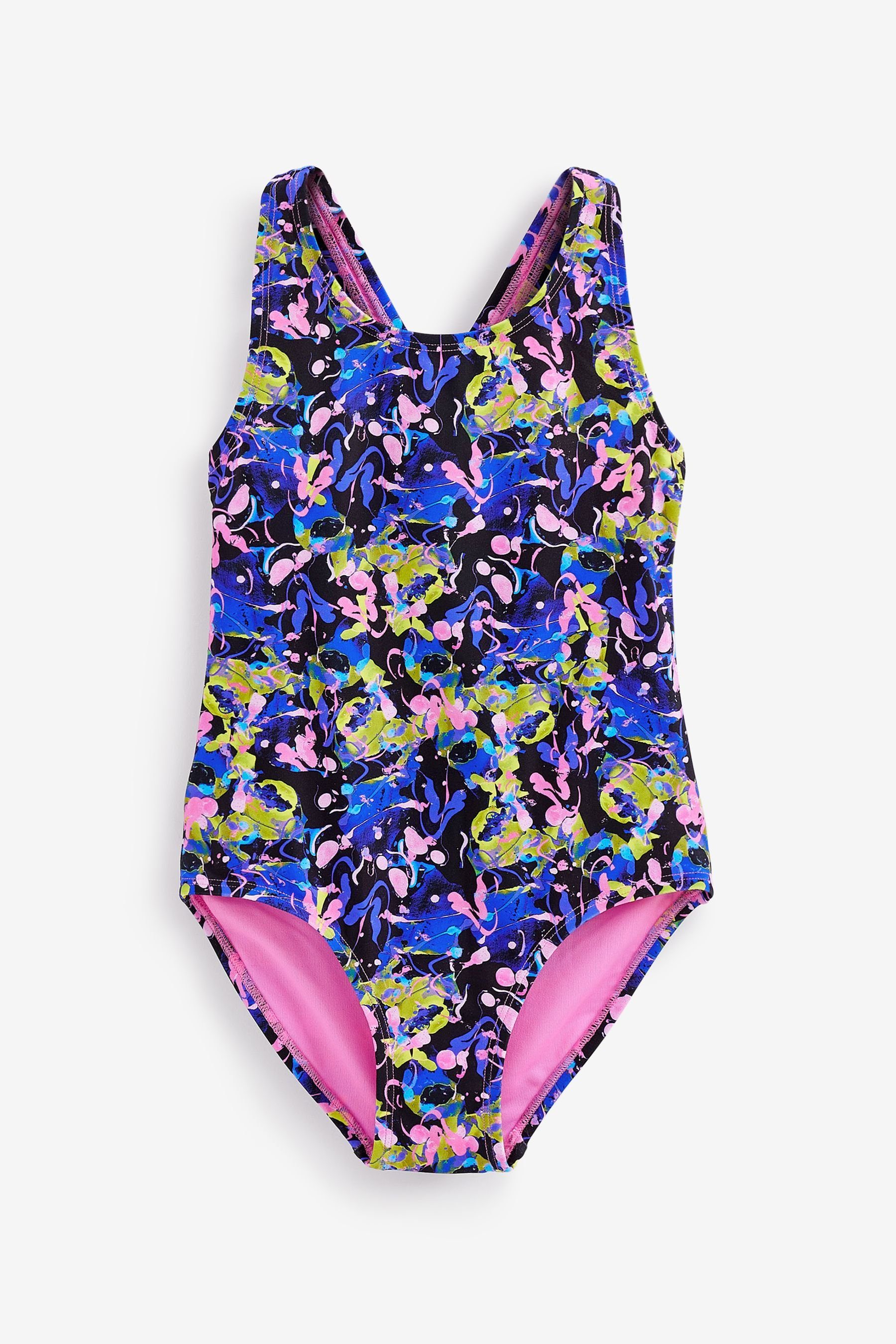 mit Next Sportbadeanzug gekreuzten Badeanzug Marble (1-St) Rückenträgern Pink/Black