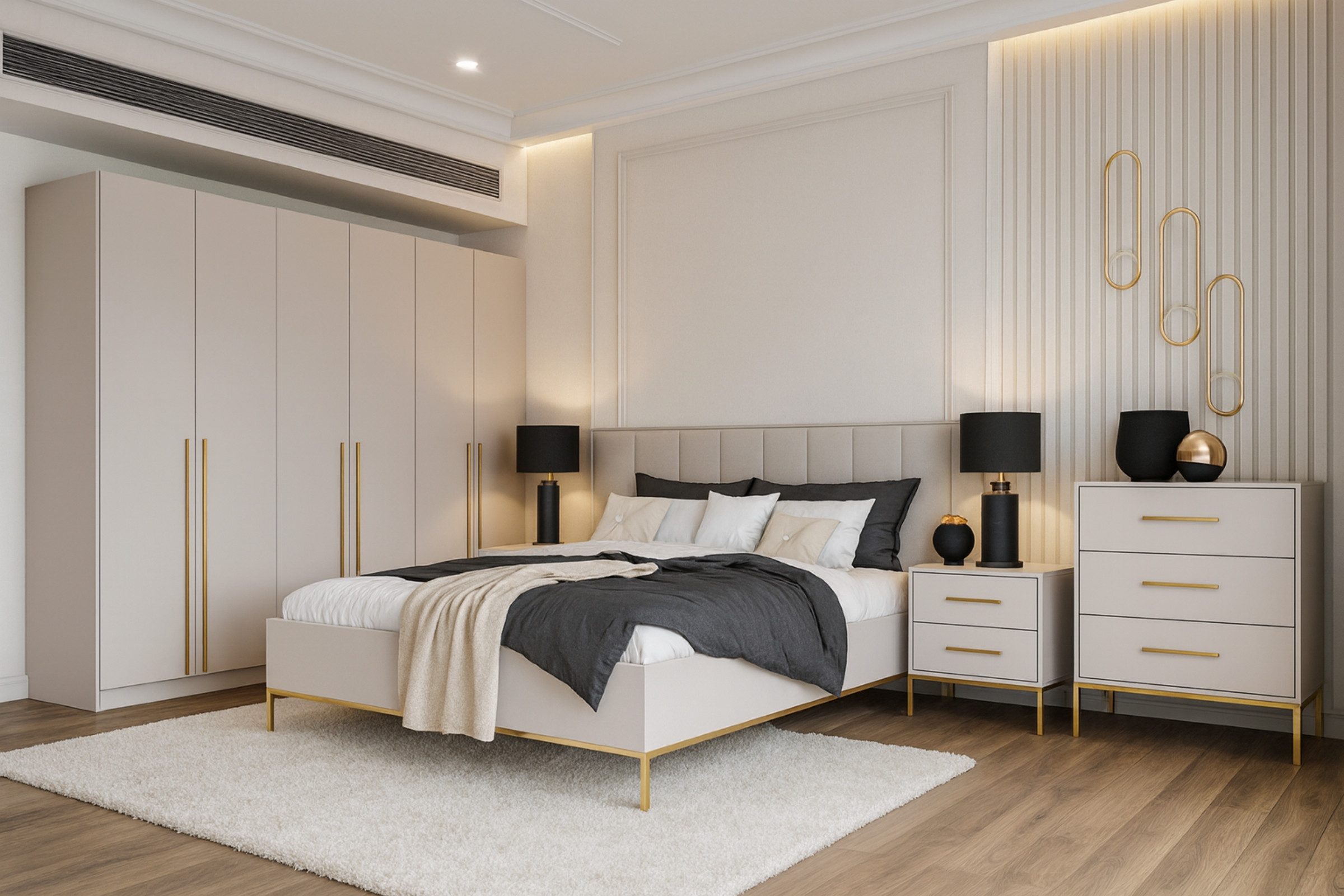 Deine Möbel 24 Schlafzimmer-Set A MIRELO Komplettschlafzimmer in Cashmere, (Set, 5-tlg., Kleiderschrank 230 cm breit), Kleiderschrank Kommode 2x Nachttisch Doppelbett 160x200