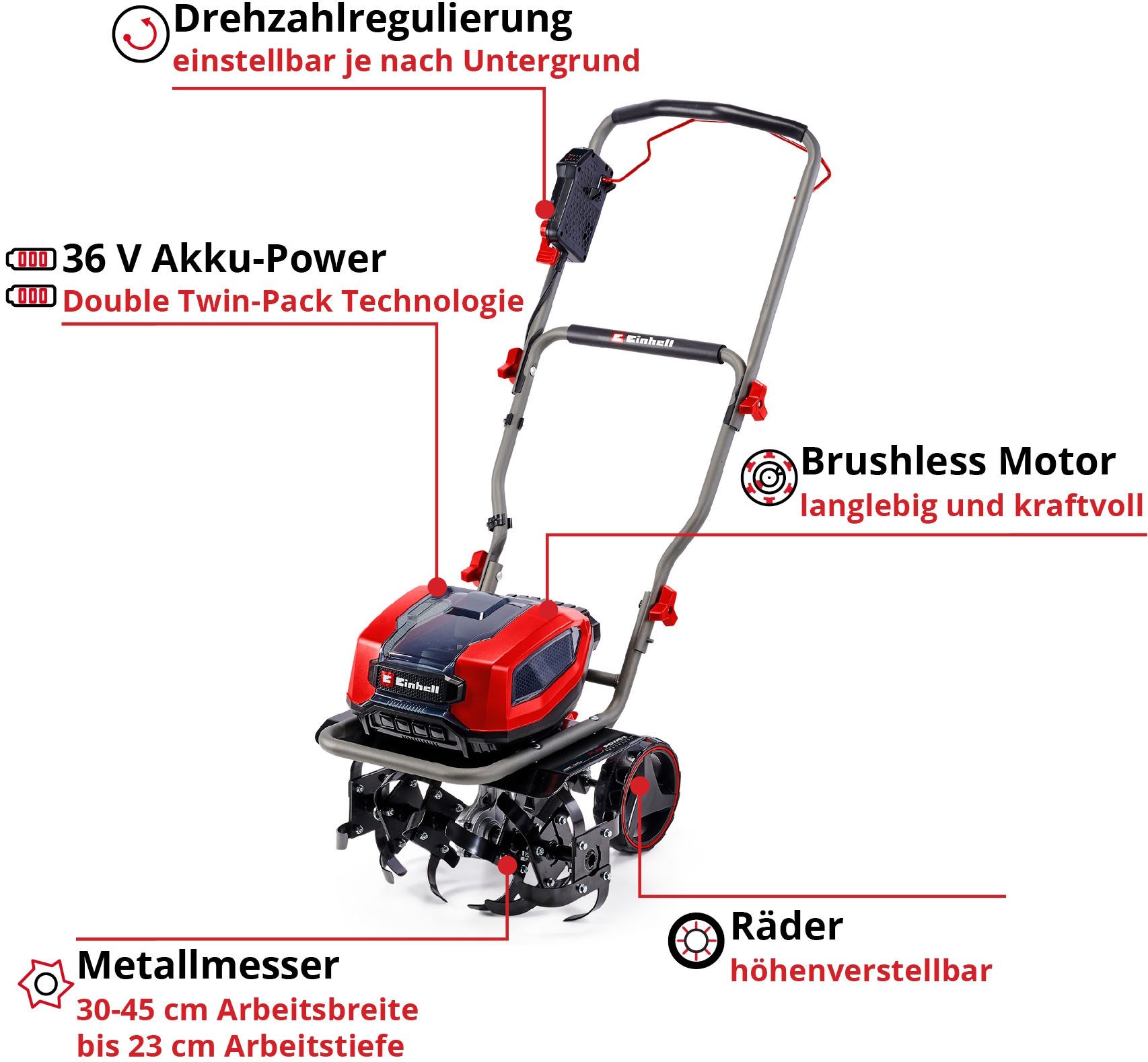Einhell Akku-Motorhacke GP-CR 36/45 Li E BL- Solo, 45 cm Arbeitsbreite, ohne Akku und Ladegerät