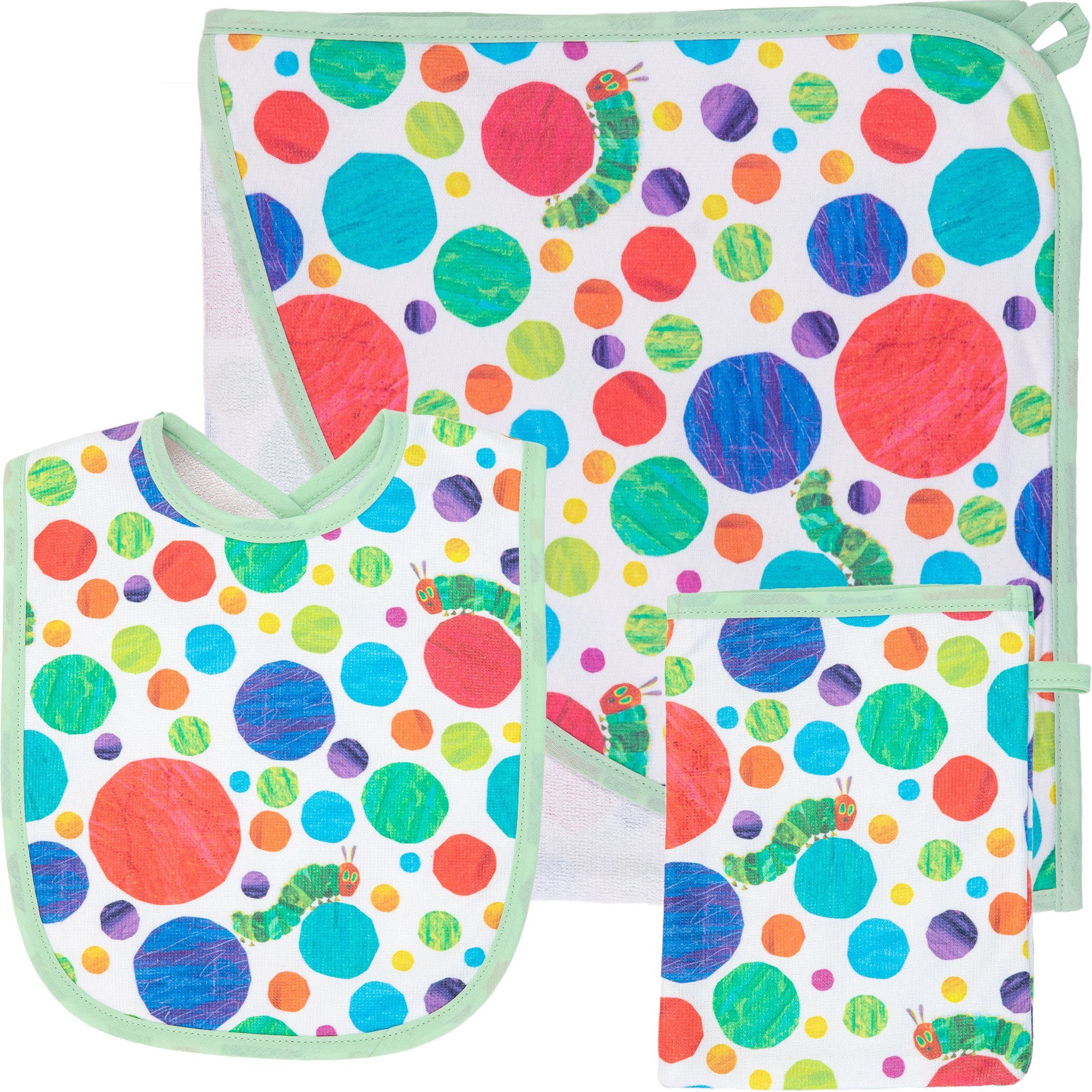 Handtuch Set Set 3-tlg. Raupe Druck, Kapuzenhandtuch, Waschhandschuh, Lätzchen