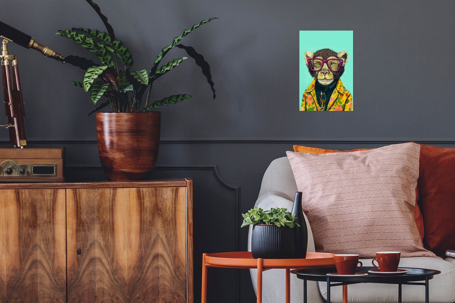 MuchoWow Poster Design - Rosa - Brille - Affe - Tiere, (1 St), Poster, Wandbild, Wandposter für Wohnzimmer, Ohne Rahmen