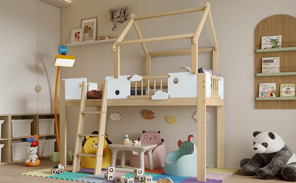 STILVORA Kinderbett 90x200 mit Gitter,Kinderbett Holzbett mit Fallschutz&Dach,Natur (mit Fallschutz & Gitter, Einzigartiges Dachdesign und Dreistufige Leiter, Flexibler Stauraum unter dem Bett, 90x200 cm), ohne Matratze
