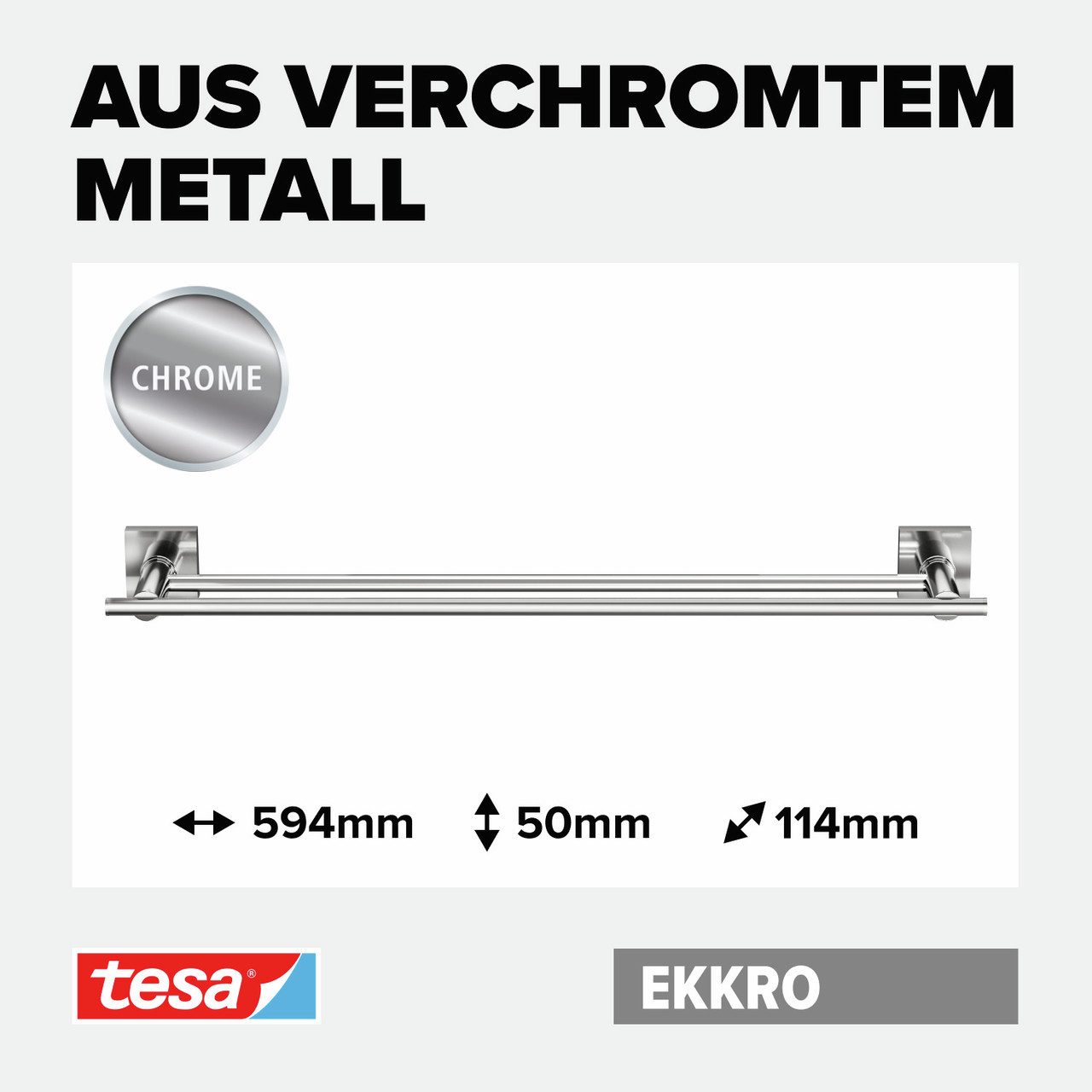 tesa Handtuchhalter 1 x EKKRO Handtuchstange doppelt, chrom - silber glänzend - 11,2 cm : 64 cm : 5 cm