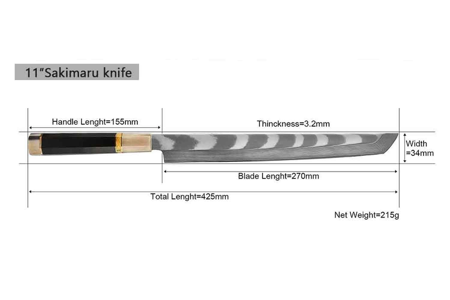 11 Zoll Mit Muxel einseitig und, Yanagiba Damastmesser achteckigen Ebenholz- geschliffen oder Messer Sakimaru