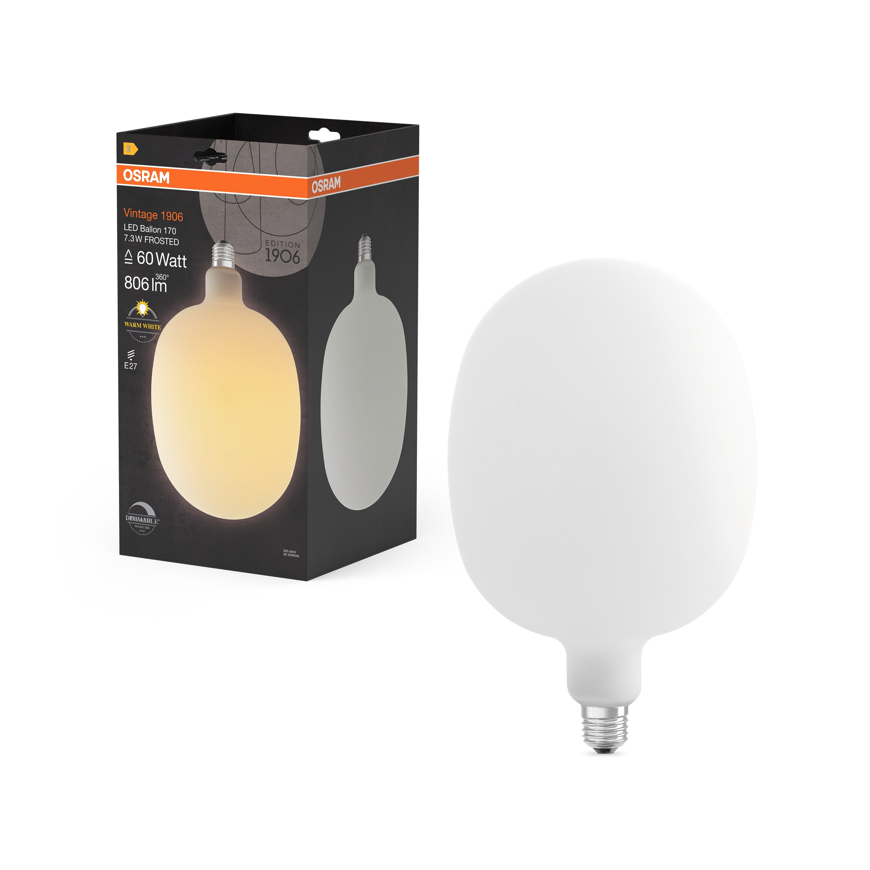 Ledvance LED-Leuchtmittel Vintage 1906 Balon 60 Filament DIM 7.3W 827 Frosted E27, E27, 1 St., Warm weiß, Geringerer Energieverbrauch als Glüh- oder Halogenlampen