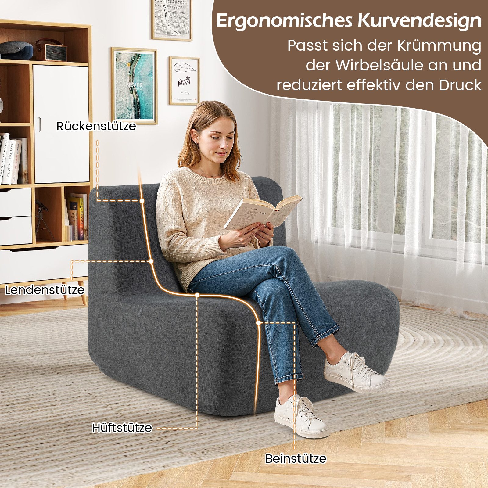 COSTWAY Relaxsessel, Bodensessel mit Rückenlehne, Samt 200 kg