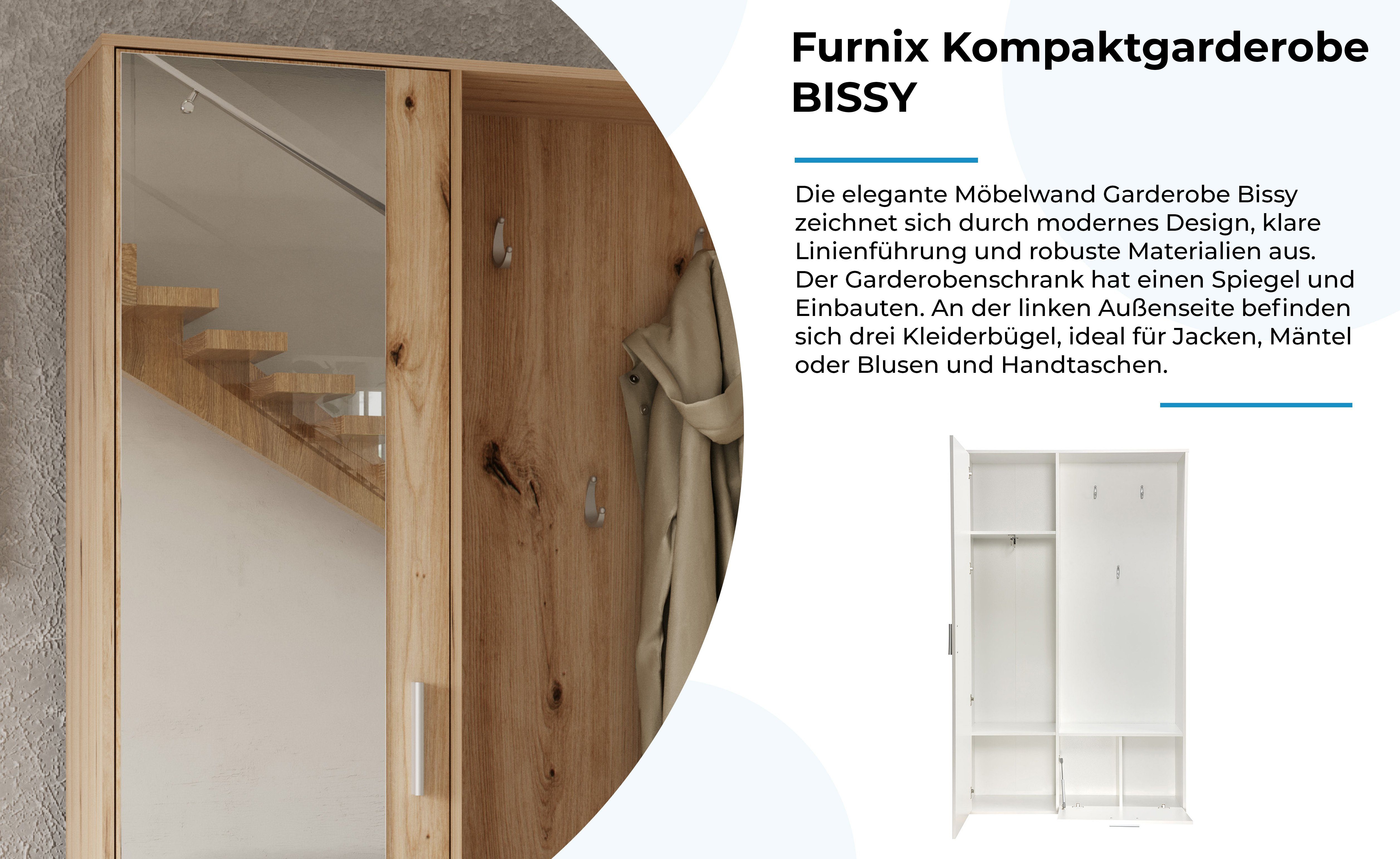 Furnix Kompaktgarderobe BISSY zeitlos und Garderobenschrank, mit praktisch Spiegel, Garderobenhaken Schuhschrank, Artisan