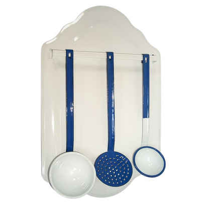 Linoows Kochbesteck-Set Emaille Löffelgarnitur mit Wandblech, Kellenset (4-tlg), Nostalgie Küchenhelferset weiß-blau
