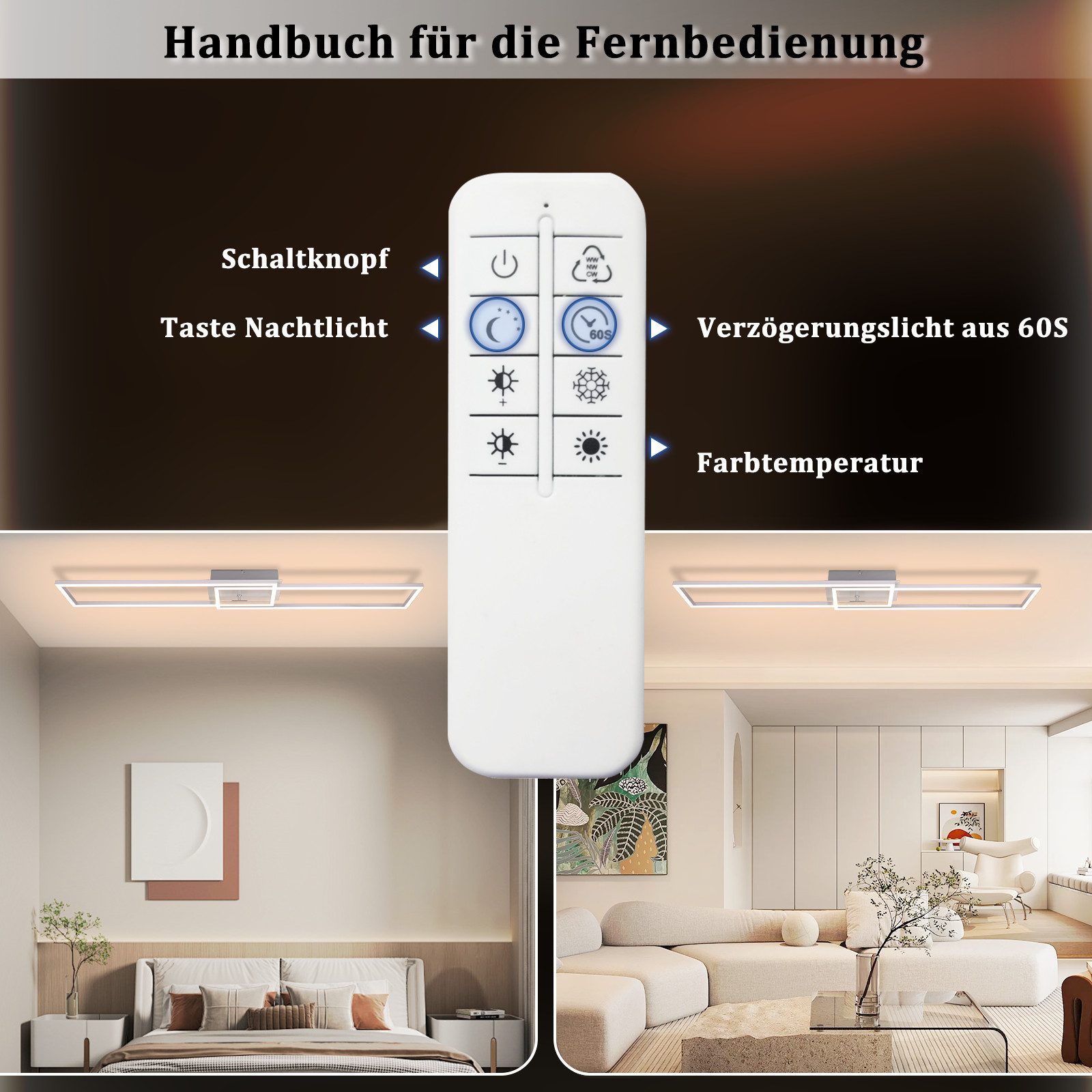 Nettlife LED Deckenleuchte Schlafzimmer Silber Dimmbar 64CM 36W Geometrisch Wohnzimmer, mit Fernbedienung, LED fest integriert, Farbwechsler, 3000K-6500K mit Fe – Bild 4 von 5
