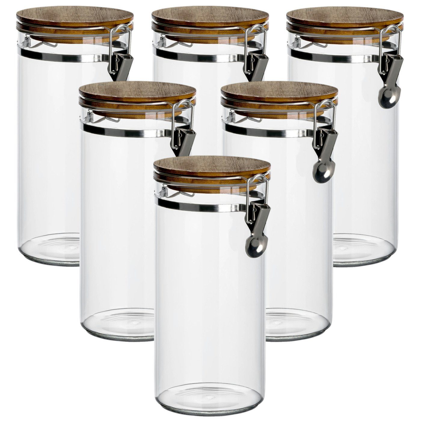 gouveo Vorratsglas 1200 ml aus Borosilikatglas mit Bügelverschluss - Glas-Vorratsdosen, (6-tlg), mit Holzdeckel, luftdicht, robust