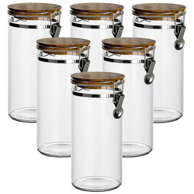 gouveo Vorratsglas “1200 ml aus Borosilikatglas mit Bügelverschluss – Glas-Vorratsdosen”, (6-tlg), mit Holzdeckel, luftdicht, robust