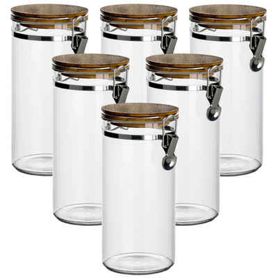 gouveo Vorratsglas 1200 ml aus Borosilikatglas mit Bügelverschluss - Glas-Vorratsdosen, (6-tlg), mit Holzdeckel, luftdicht, robust