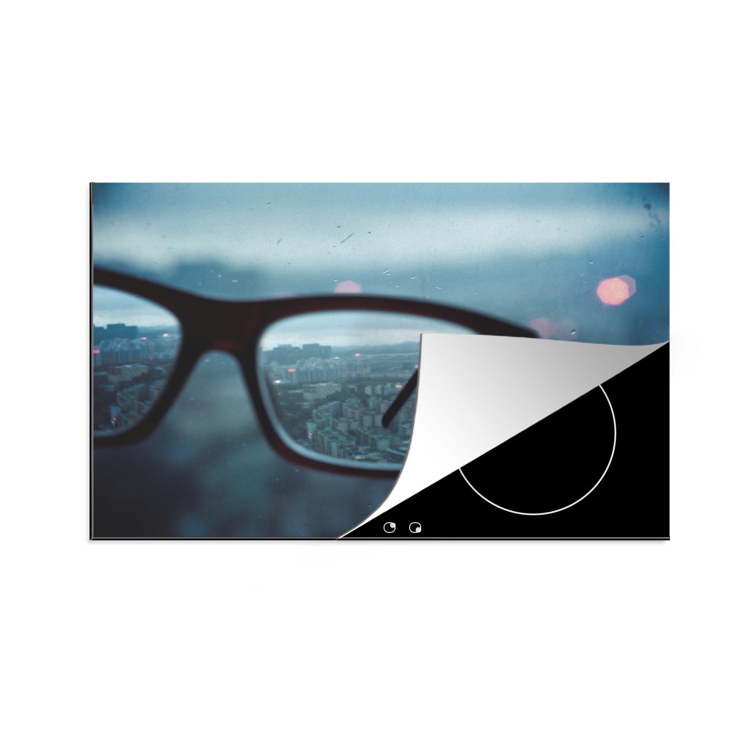 MuchoWow Herdblende-/Abdeckplatte Ein Blick auf die Welt durch eine Brille, Vinyl, (1 tlg), 81x52 cm, Induktionskochfeld Schutz für die küche, Ceranfeldabdeckung