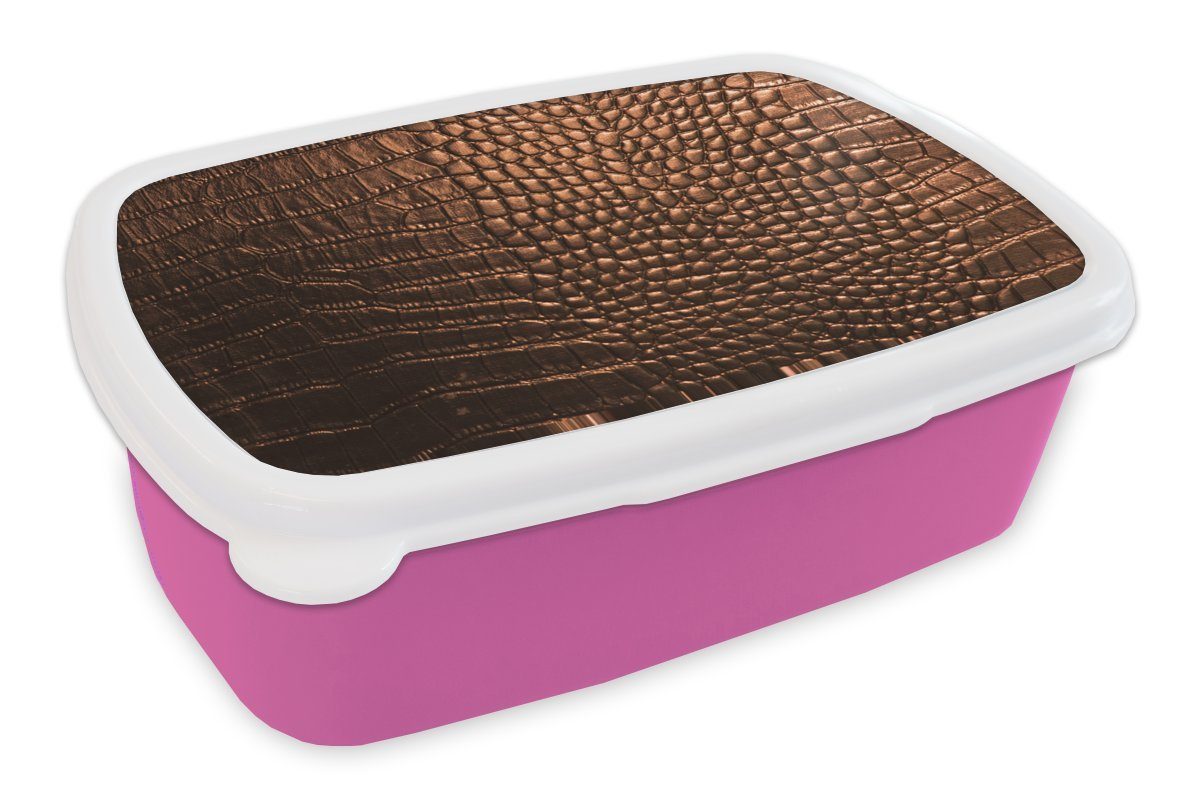 MuchoWow Lunchbox Das braune Leder eines Krokodils, Kunststoff, (2-tlg), Brotbox für Erwachsene, Brotdose Kinder, Snackbox, Mädchen, Kunststoff rosa