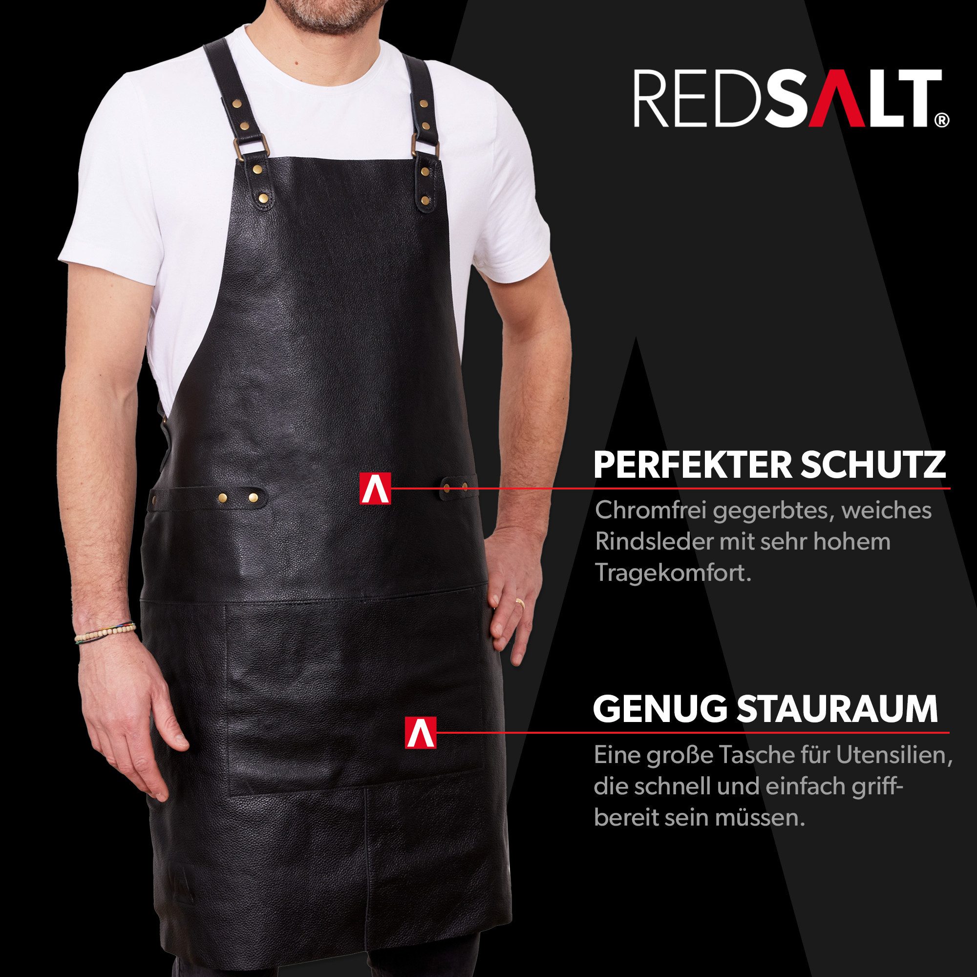 REDSALT® Grillschürze Premium Lederschürze 100% Rindsleder 84x62cm Crossback, Beidseitige Materialschlaufen, Frontasche, verstellbare Rückenträger
