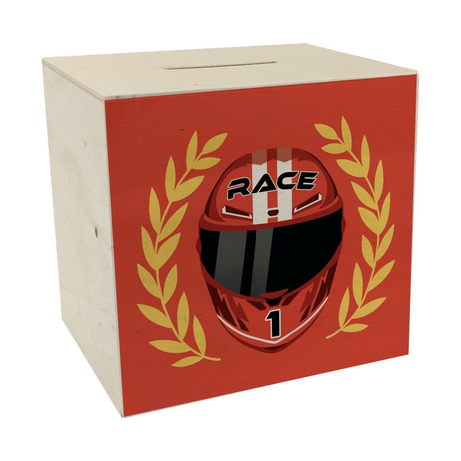 Spardose Motorsport-Helm Spardose aus Holz in rot mit Siegerkranz