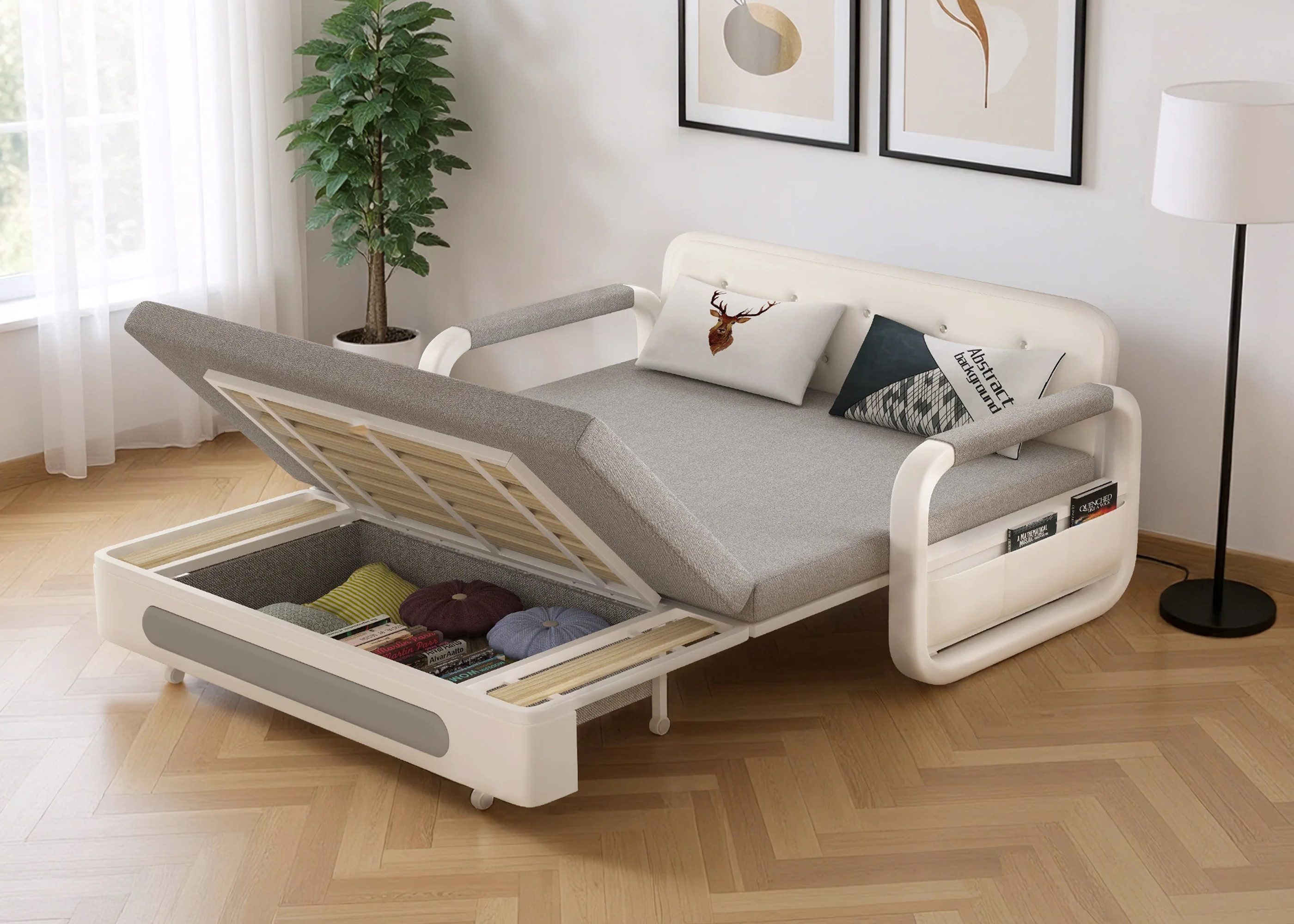 oleyluckidea Schlafsofa Ausziehbares Schlafsofa mit Stauraum und Latexmatratze, Set, Zum Bett umwandelbar