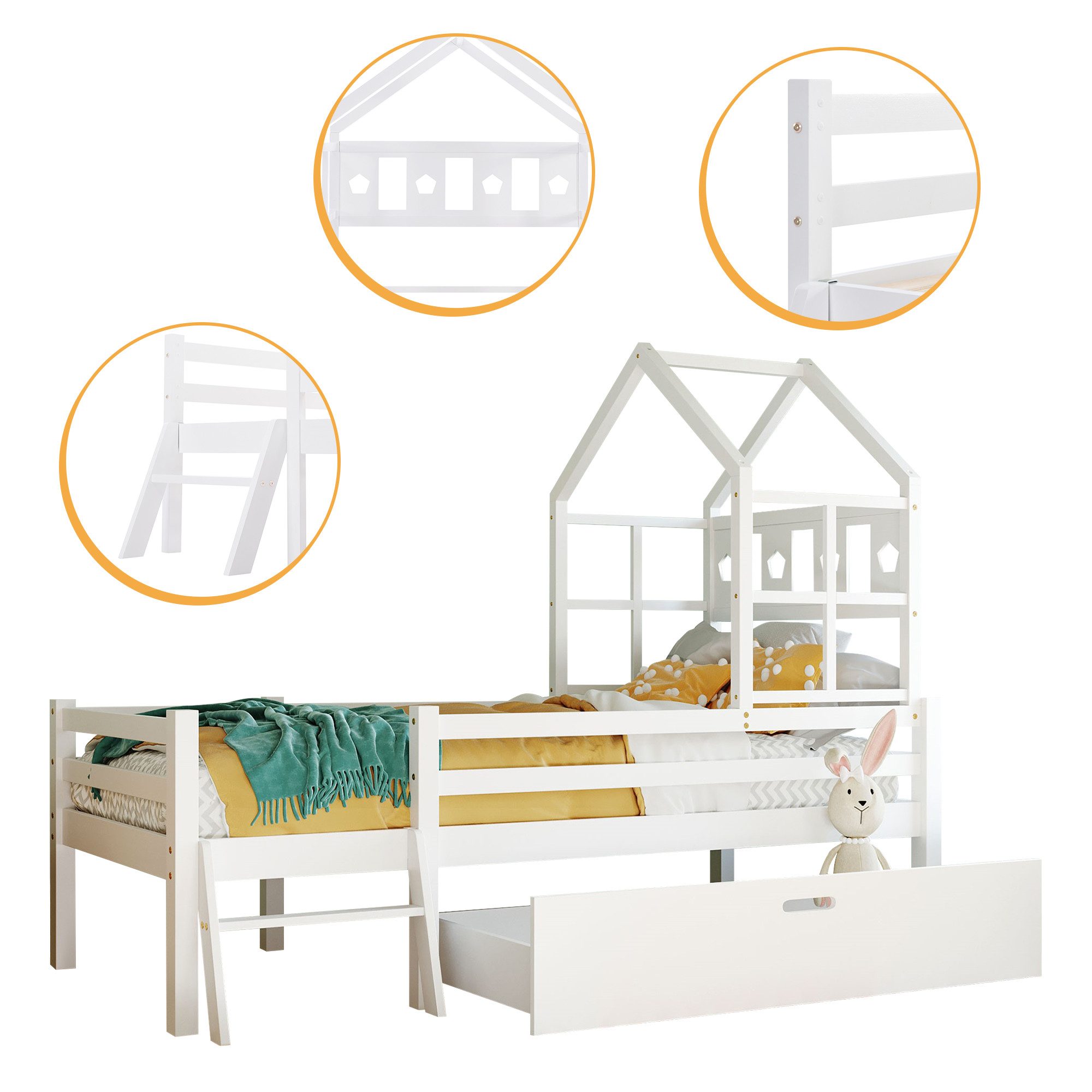 Merax Massivholzbett, Kinderbett in Spielturm-Form, Hausbett 90x200cm