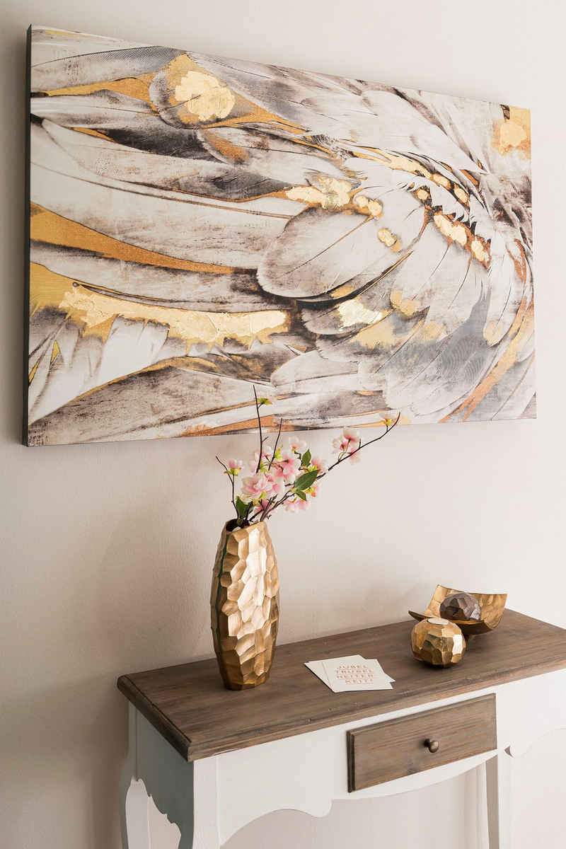 Myflair Möbel & Accessoires Ölbild Gemälde Federn, weiß/goldfarben, Bild auf Leinwand, 80x120 cm, Wohnzimmer