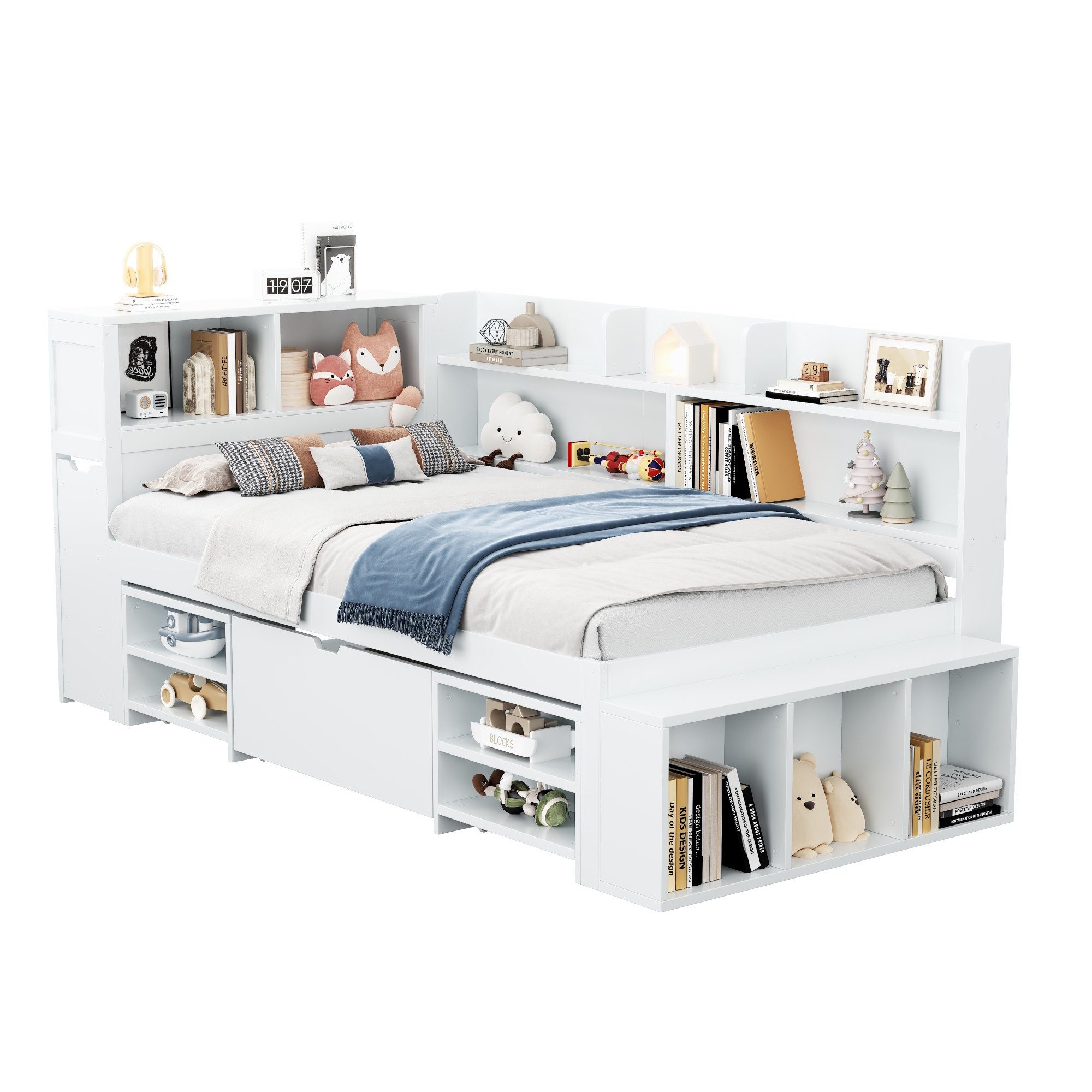 Ulife Kinderbett 90×200 & 140×200 cm mit Stauraum, L-förmiges Schlafsofa (Ohne Matratze), mit Schubladen, Bücherregal und Stauschrank, 90x200cm – Bild 3 von 5