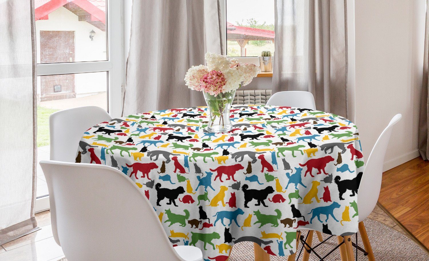 Abakuhaus Tischdecke Kreis Tischdecke Abdeckung für Esszimmer Küche Dekoration, Katzen Bunte Katzen und Hunde