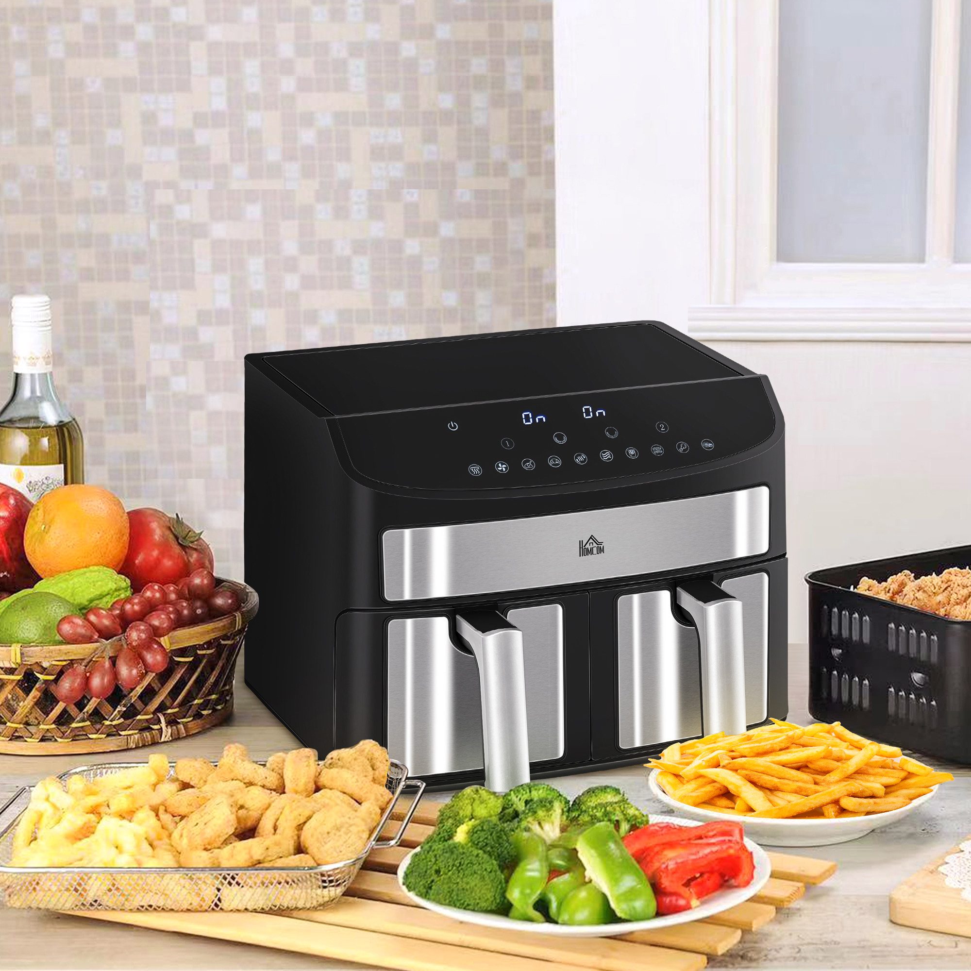 HOMCOM Heißluftfritteuse 8L Fritteuse mit Doppelkammer, Airfryer mit 10 Programmen, 2400 W, Luftfritteuse mit Touchscreen, Rezeptur, Schwarz