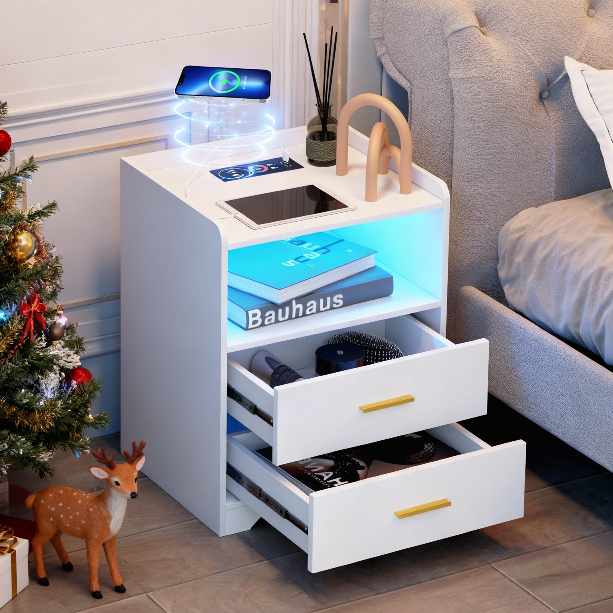 LVSOMT Nachttisch Moderne LED Nachttisch mit Ladestation und 2 Schubladen (1-St), mit MDF-Platte & Metallgriff, 45×40×58cm