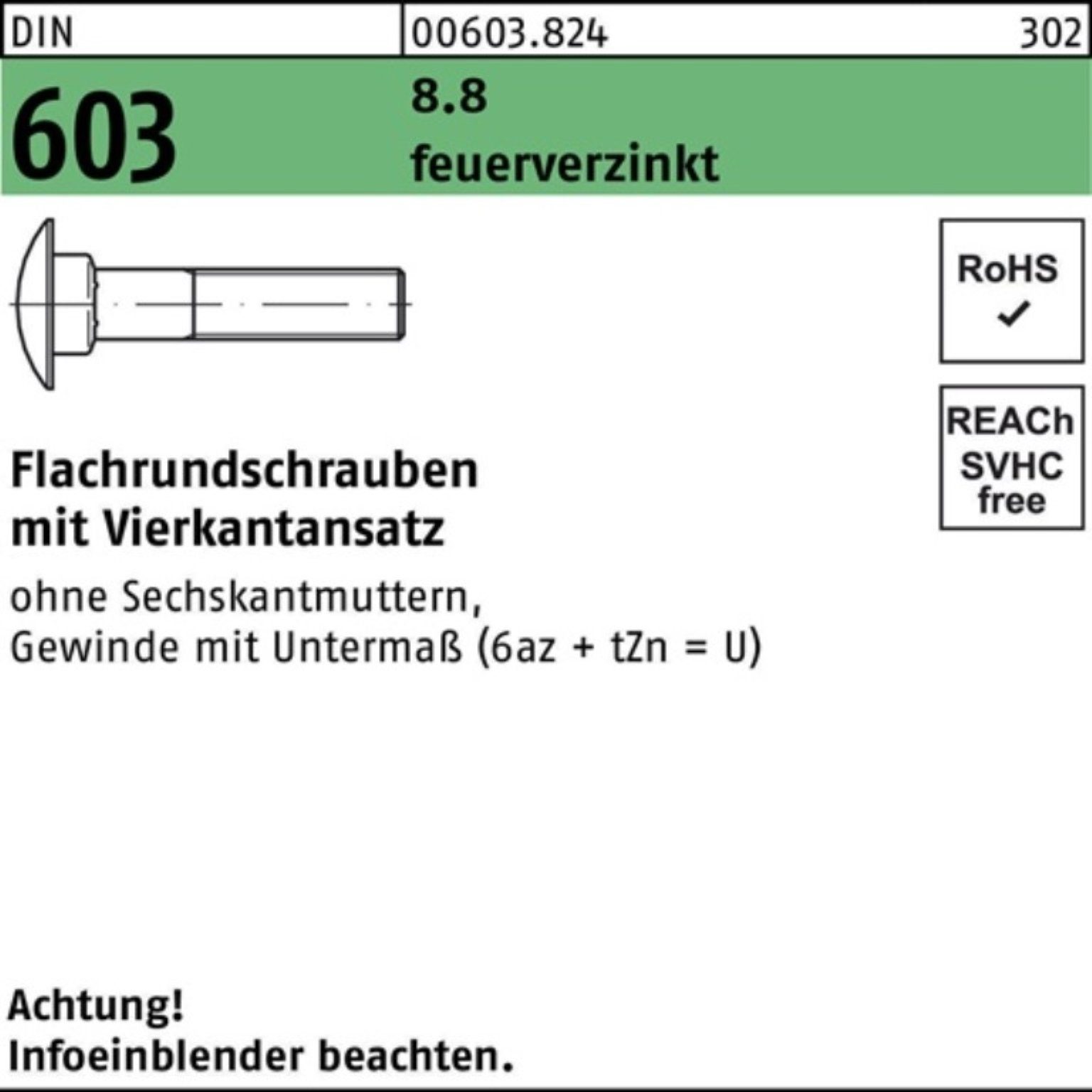 M12x Flachrundschraube Reyher 8.8 603 30 DIN Vierkantansatz 100er Schraube Pack feuerv