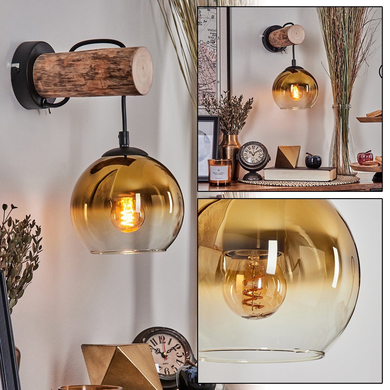 hofstein Wandleuchte Wandlampe aus Metall/Holz/Glas in Schwarz/Natur/Gold/Klar, ohne Leuchtmittel, Leuchte mit Glasschirm, An/-Auschalter, 1xE27, ohne Leuchtmittel