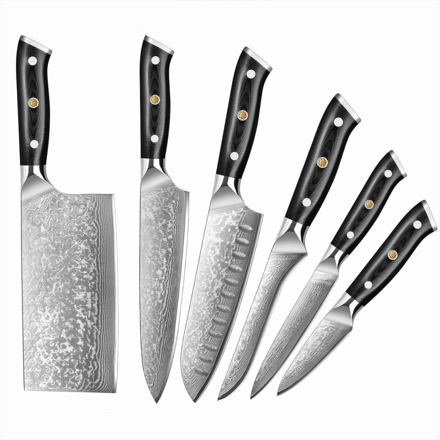 Messer-Set 6 teiliges Damastmesser Set Küchenmesser aus Damaststahl mit G10 Griff