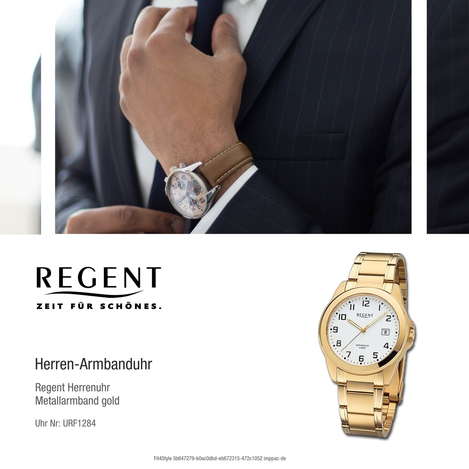 Regent 40mm) Gehäuse, Quarzuhr Armbanduhr Regent gold, extra Analog, groß Herrenuhr Metallarmband (ca. rundes Herren