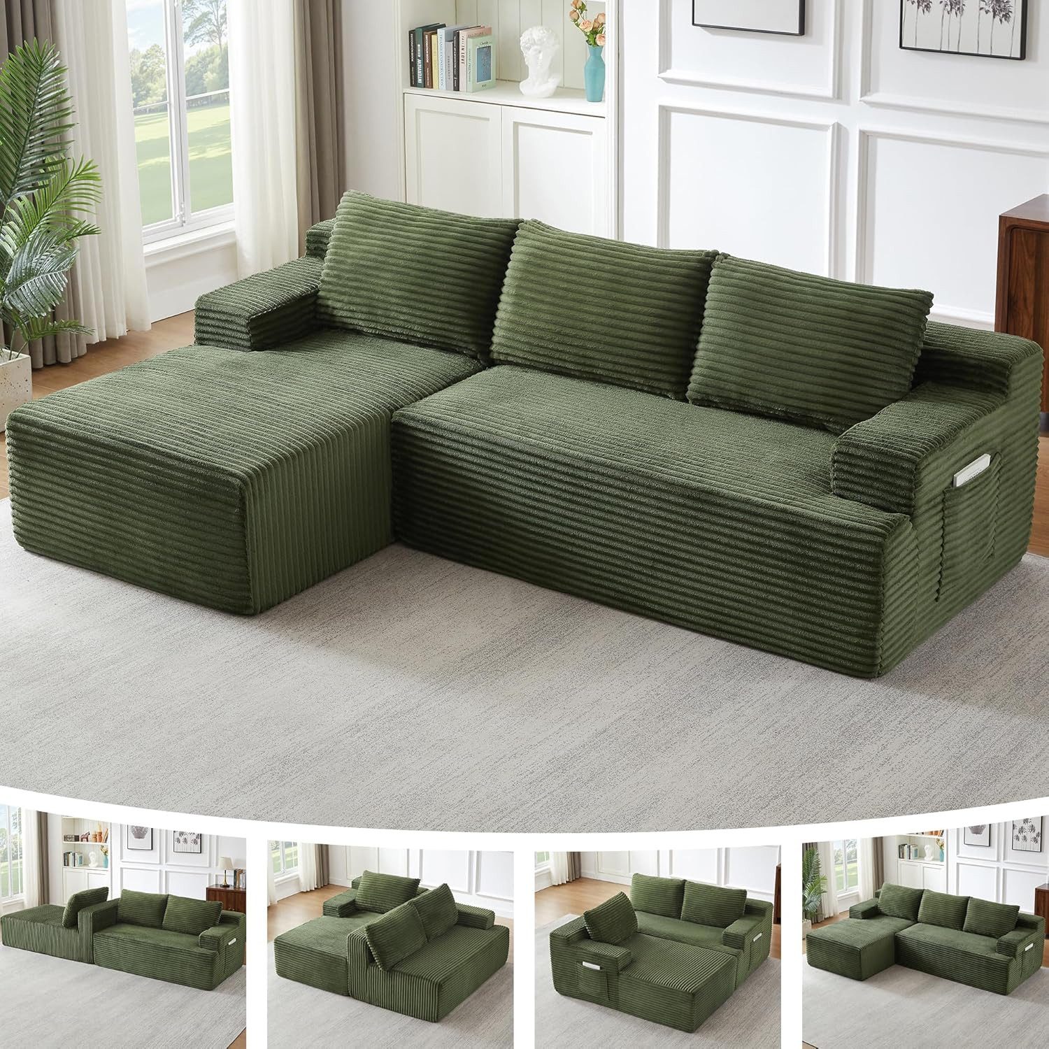 ANYSUN Ecksofa Couch L-Form, mit Liegeflache 3-Sitzer Ecksofa, Cord-Schlafsofa, Modulares Ecksofa, Loungesofa, Links / Rechts Chaiselongue Sofa,keine Montage erforderlich, modulares Schlafsofa für Wohnzimmer, Schlafzimmer, Wohnung und Büro