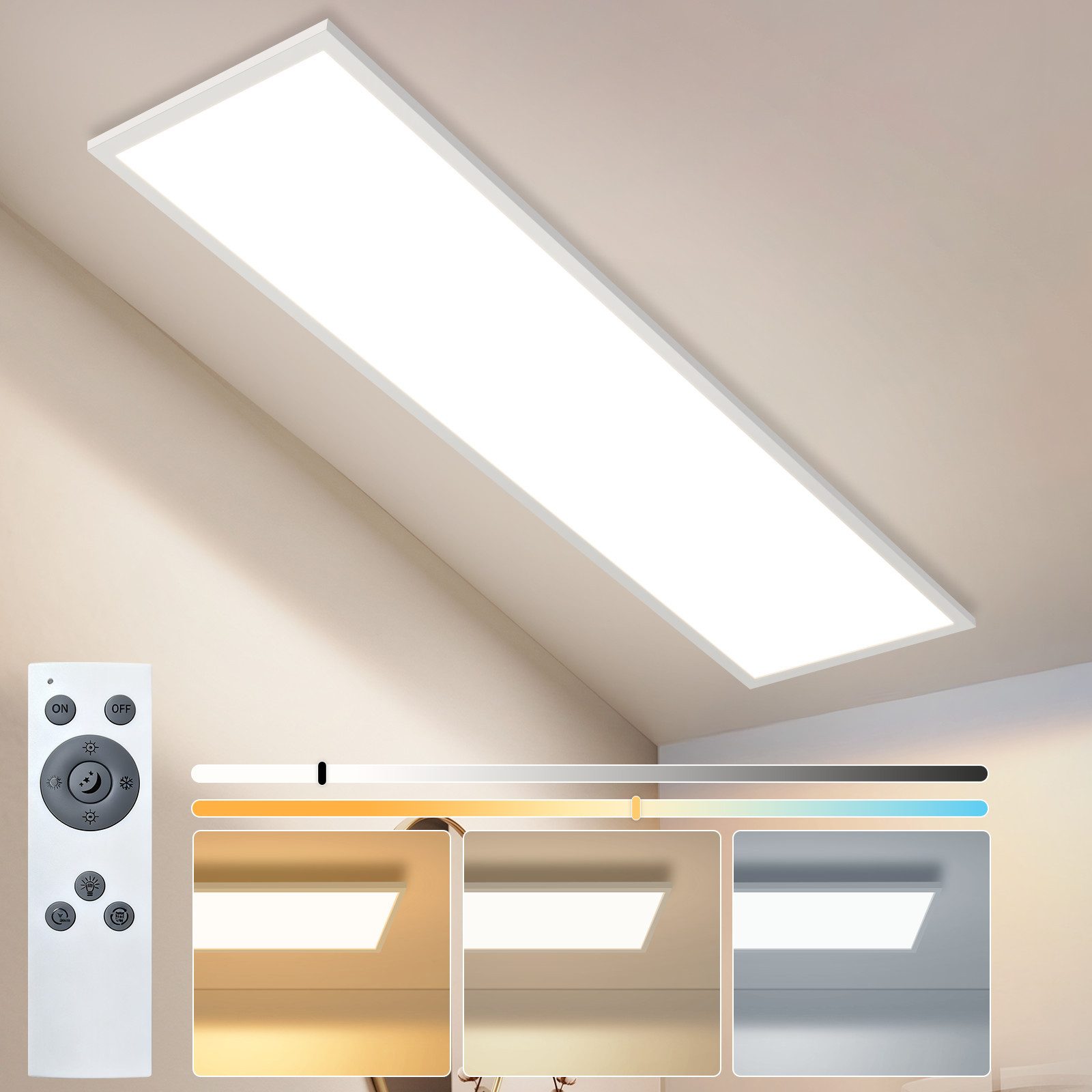 Nettlife LED Panel 120x30cm dimmbare Deckenleuchte Schwarz/Weiß Fernbedienung, LED fest integriert, Farbtemperatur steuerbar 18.5W für Schlafzimmer Küche Flur