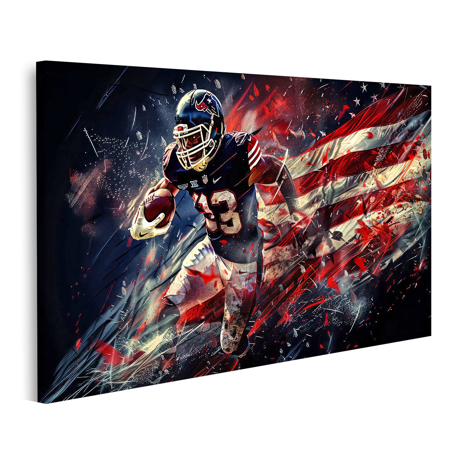 islandburner Leinwandbild, Dynamischer Footballspieler mit amerikanischer Flagge