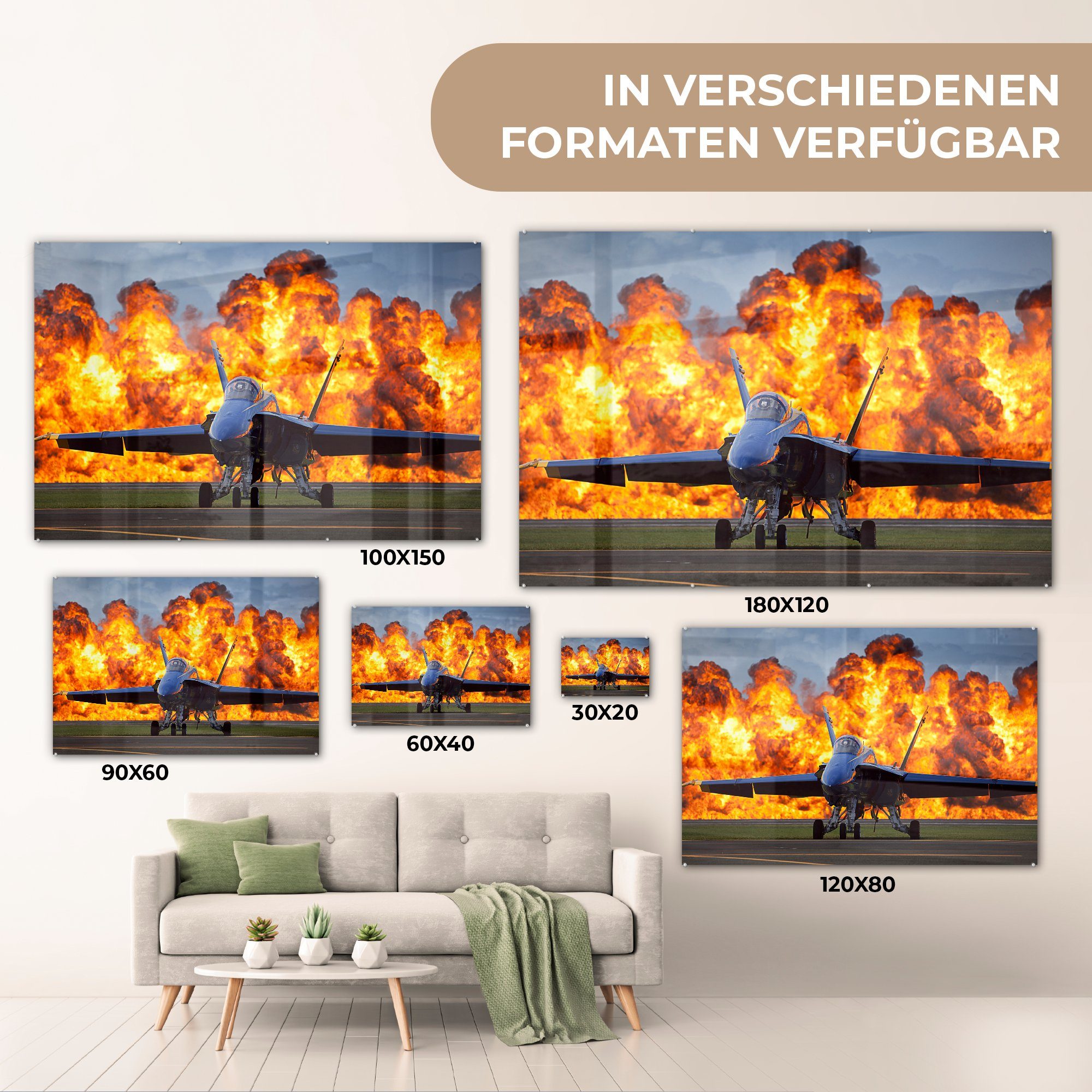 Acrylglasbilder - Düsenjäger Feuer, Schlafzimmer Wohnzimmer - Acrylglasbild MuchoWow & Flugzeuge (1 St),