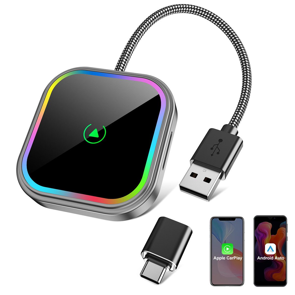 ESSGOO USB Wireless CarPlay Android Auto Adapter Bunte Lichter Plug & Play Adapter Type-C, USB zu Type-C, USB, WIFI Bluetooth 5.2 Sprachsteuerung kompatibel Autos mit Wired CarPlay