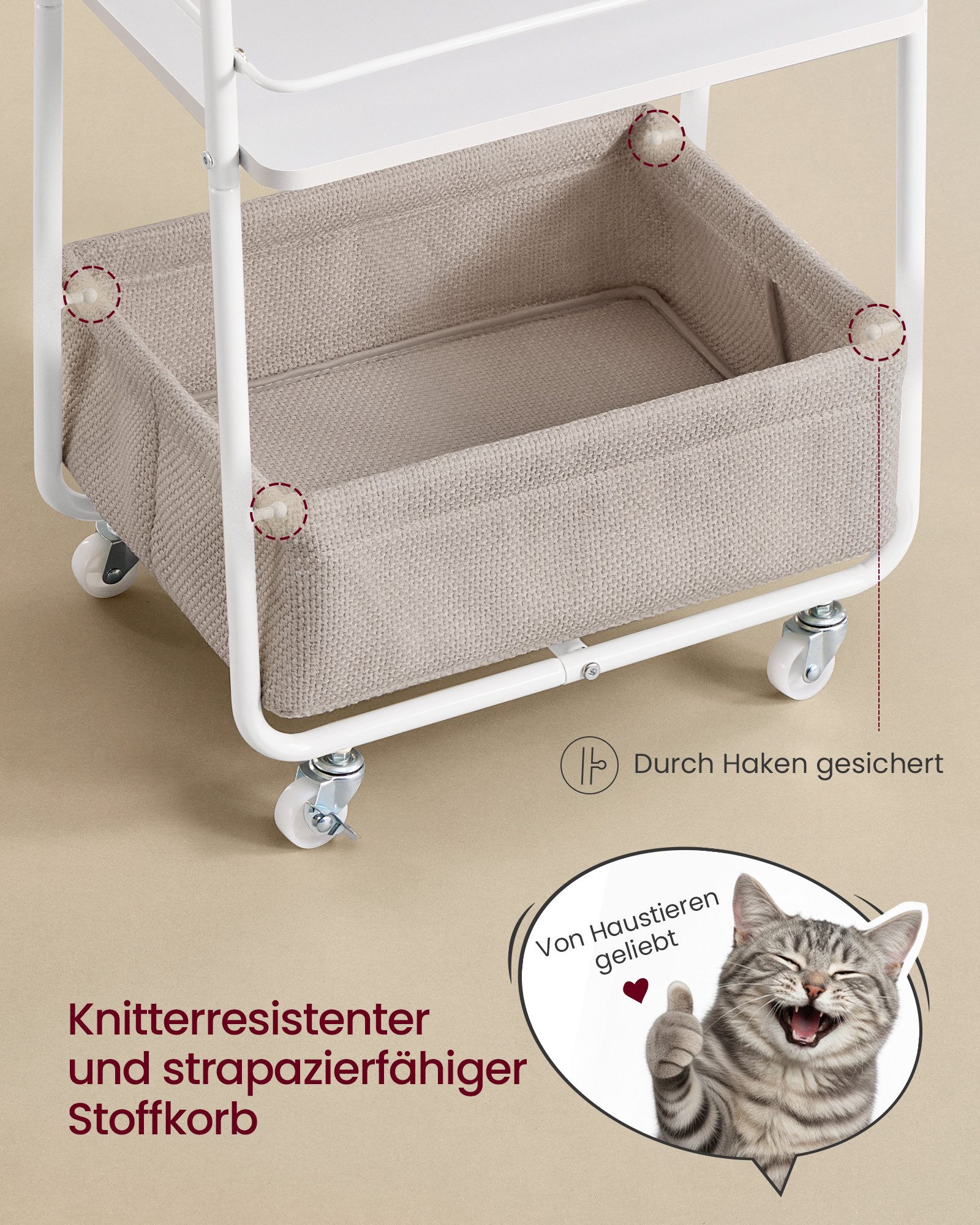 VASAGLE Beistellwagen Rollwagen mit Korb aus Stoff, Servierwagen mit Rollen, Ablagen, Küchenwagen, 3 Ebenen – Bild 4 von 5
